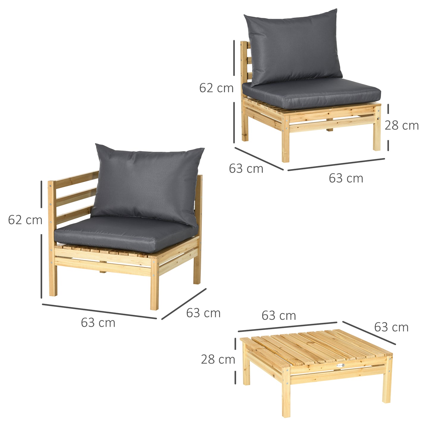 Outsunny Conjunto de Muebles de Jardín de Madera 5 Piezas Juego de Muebles de Terraza Incluye 4 Sofás con Cojines Acolchados y Mesa de Centro para Patio Exterior Natural