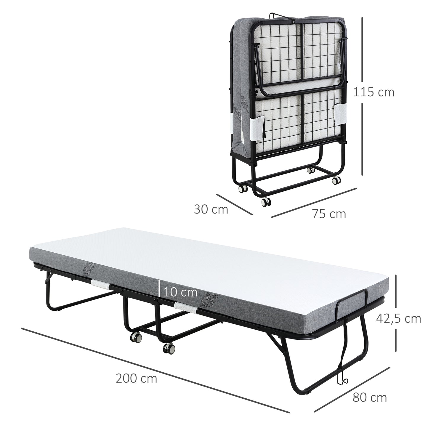 HOMCOM Cama Plegable 200x80x42,5 cm Cama de Camping Portátil con Colchón Individual Ruedas y Frenos Carga 150 kg para Dormitorio Salón Oficina Blanco