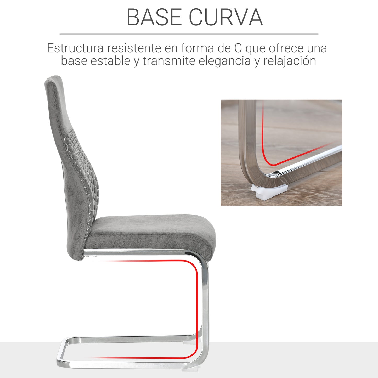 HOMCOM Set de 4 Sillas de Comedor Sillas de Cocina Tejido de Microfibra con Asiento Acolchado y Patas de Metal Sillas Cantilever Modernas 45x61x98 cm Gris