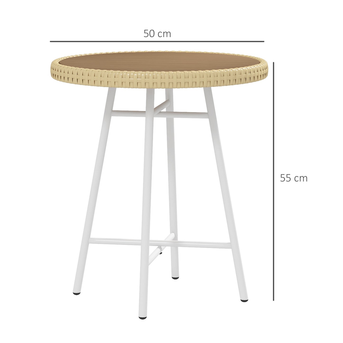 Outsunny Mesa Auxiliar de Ratán Sintético Mesa de Centro Redonda con Tablero de Madera Plástica y Marco de Acero Galvanizado Carga 30 kg para Terraza Balcón Jardín 50x50x55 cm Natural