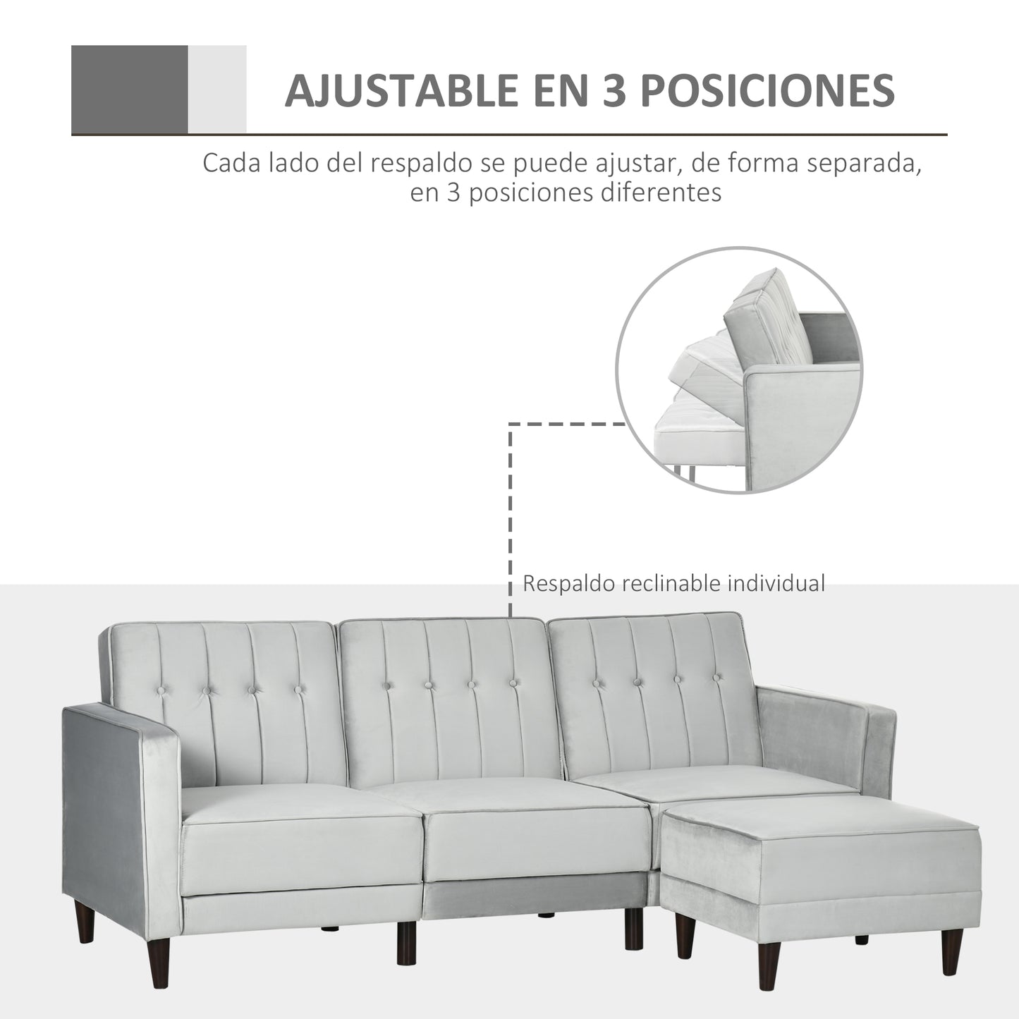 HOMCOM Sofá Cama con Chaise Longue de 3 Plazas Convertible con Reposapiés Movible Respaldo Ajustable y Reposabrazos Tacto Aterciopelado 218x85x86 cm Gris Claro