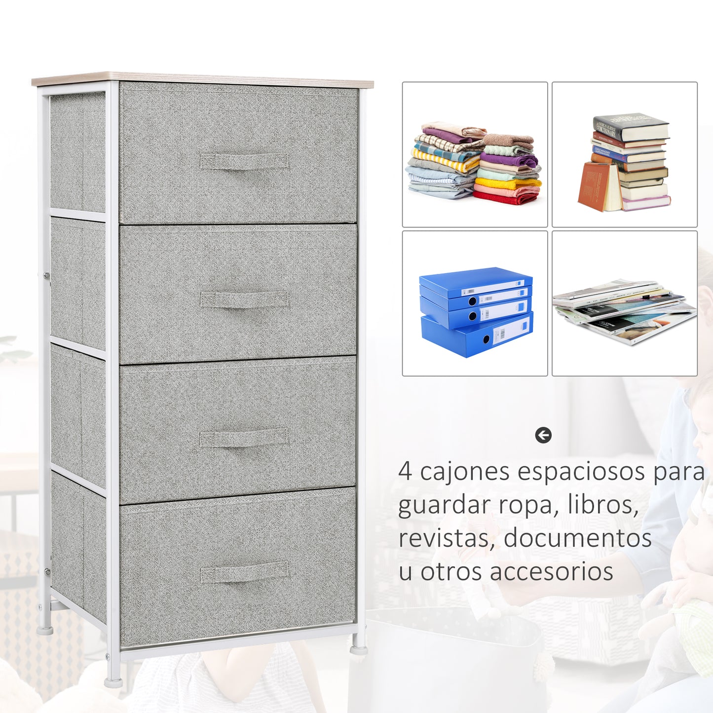 HOMCOM Cajonera Cómoda Organizador con 4 Cajones de Tela Mesilla de Noche para Dormitorio Salón Armario con Cajones 45x30x92cm Organizador Almacenaje