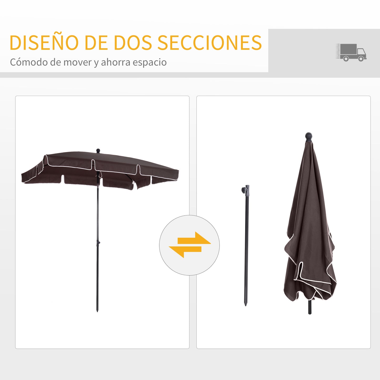 Outsunny Sombrilla de Jardín de Aluminio 198x130x245 cm Parasol de Jardín Rectangular con Función de Inclinación para Terraza Patio Exterior Café