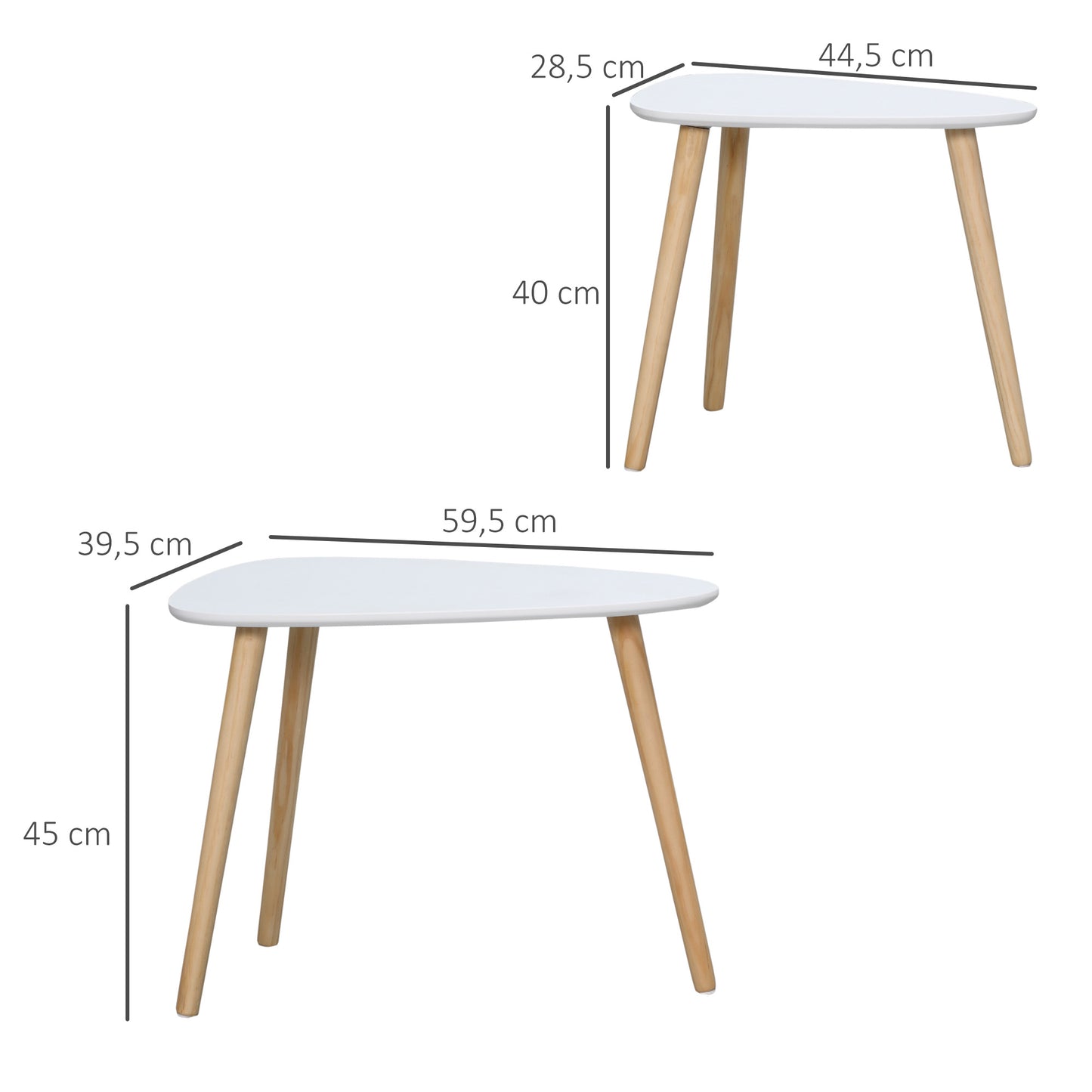 HOMCOM Juego de 2 Mesas Auxiliares con Patas de Madera Mesas Nido Mesas de Café para Salón Dormitorio Oficina 59,5x39,5x45 cm y 44,5x28,5x40 cm Blanco