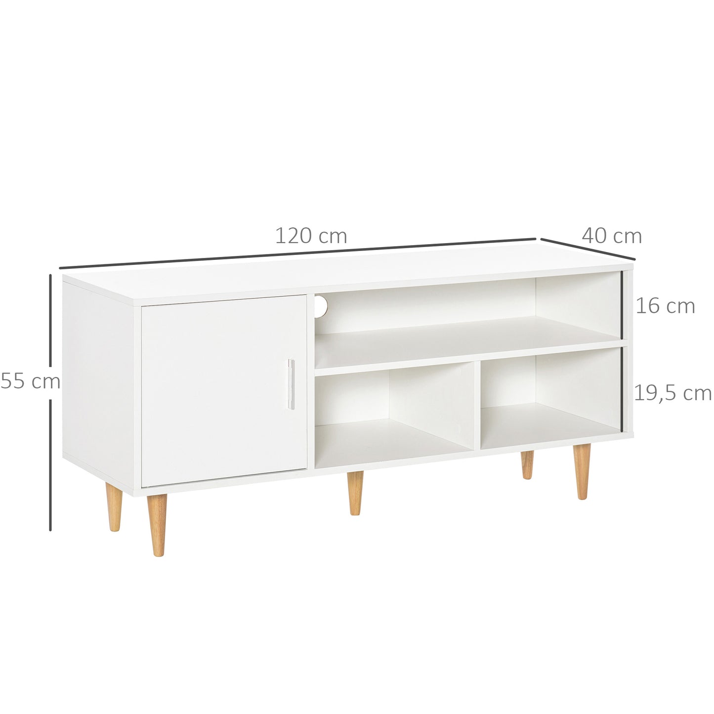 HOMCOM Mueble de TV para Televisores de hasta 60" Mesa para TV de Salón Comedor Moderna con Armario y 3 Compartimentos 120x40x55 cm Blanco