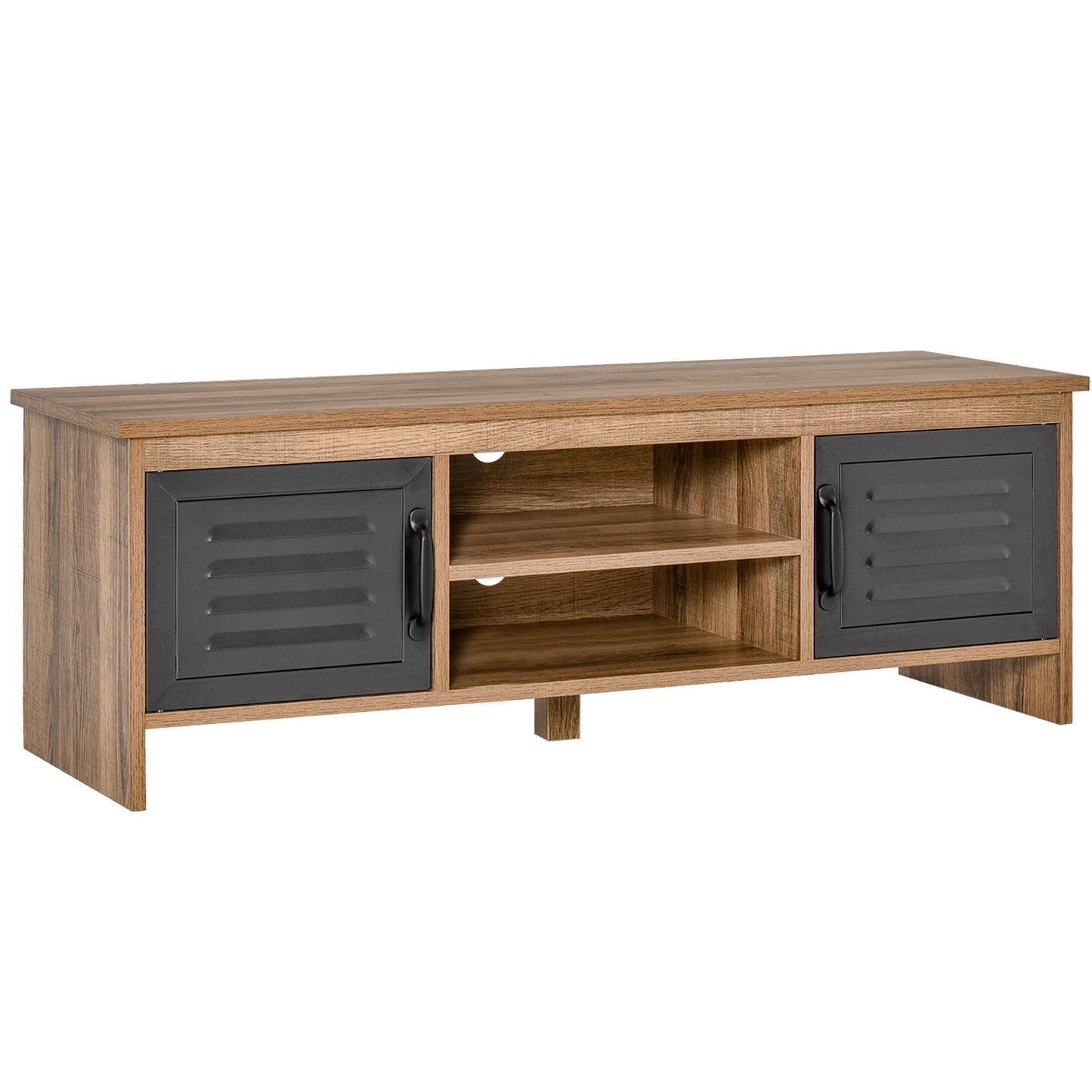 HOMCOM Mueble de TV para Televisores de 42" con 2 Compartimentos Cerrados con Puertas de Metal y 2 Estantes Abiertos Mueble de salón moderno Mesa para televisor 109x35x38 cm Madera Natural y Gris