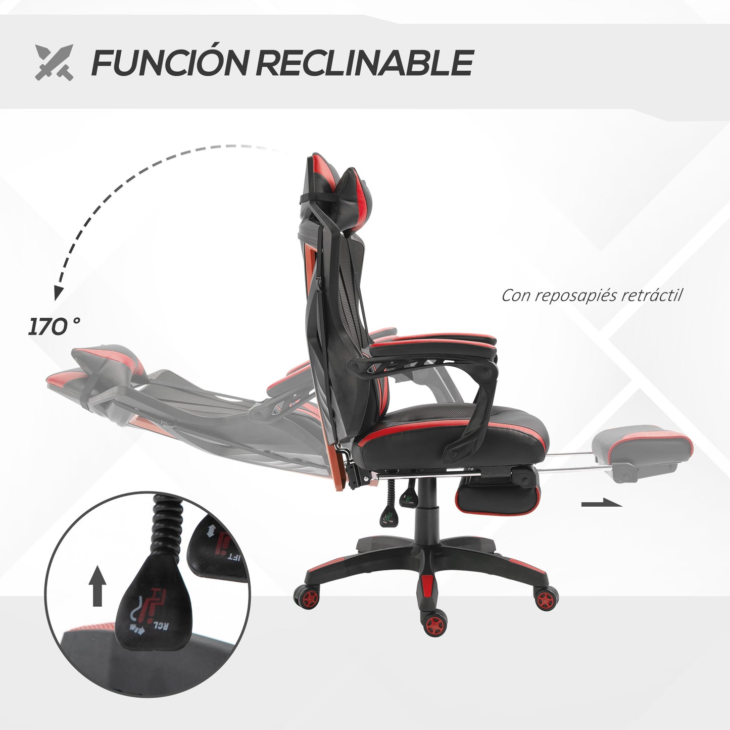 Vinsetto Silla Gaming Ergonómica Silla de Escritorio para Oficina con Altura Ajustable Respaldo Regulable de 170° Almohada Lumbar y Reposapiés Retráctil 65x70x117-125 cm Rojo