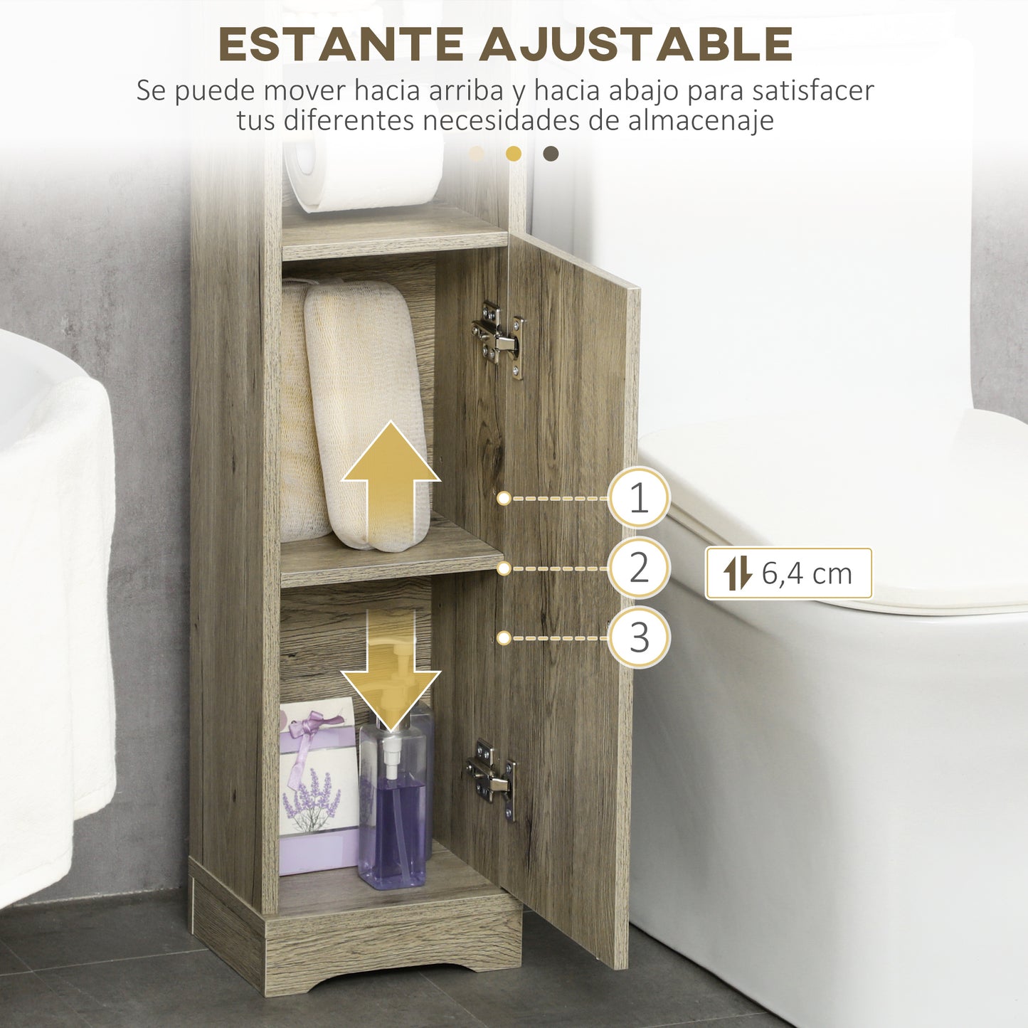 kleankin Armario de Baño Columna Auxiliar de Baño Armario Multiusos con Estante Ajustable y Portarrollos de Papel para Dormitorio 23x18x100 cm Gris