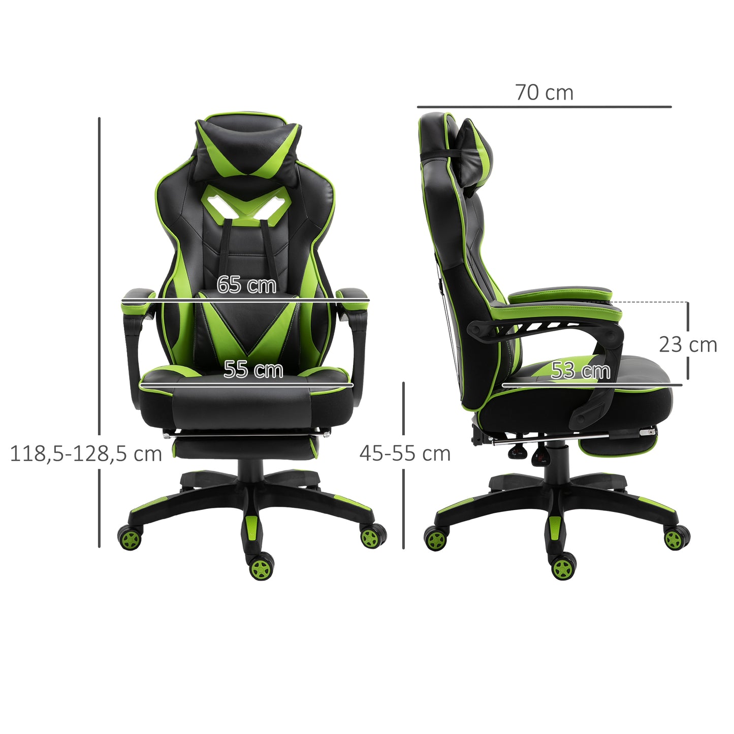 Vinsetto Silla Gaming Ergonómica Silla de Escritorio de Oficina Regulable en Altura Reclinable Respaldo con Reposapiés Reposacabezas Cojín Lumbar Ruedas 65x70x118,5-128,5 cm Verde