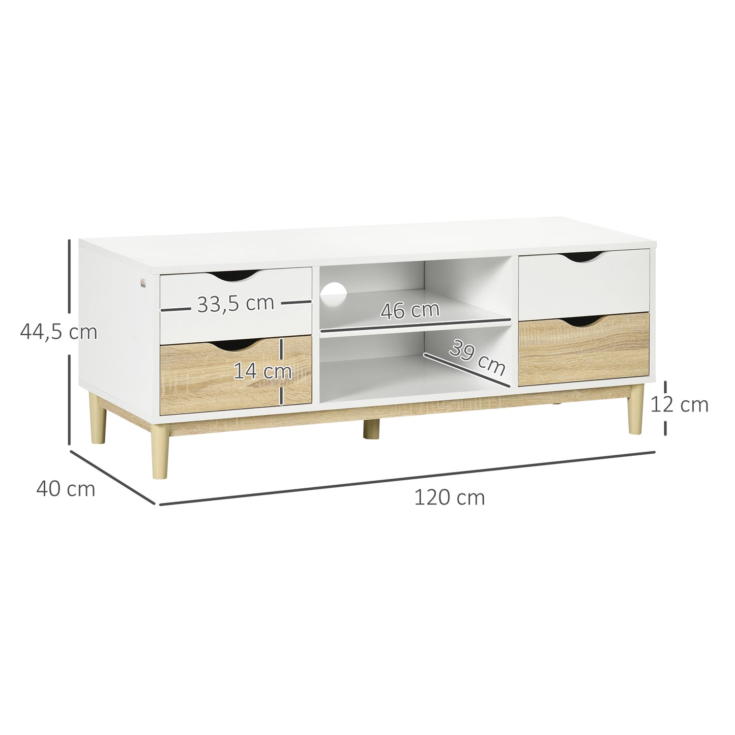 HOMCOM Mueble TV de Salón Mesa para TV para Televisores de hasta 55" con Estantes de Almacenamiento y 4 Cajones para Dormitorio 120x40x44,5 cm Blanco y Roble