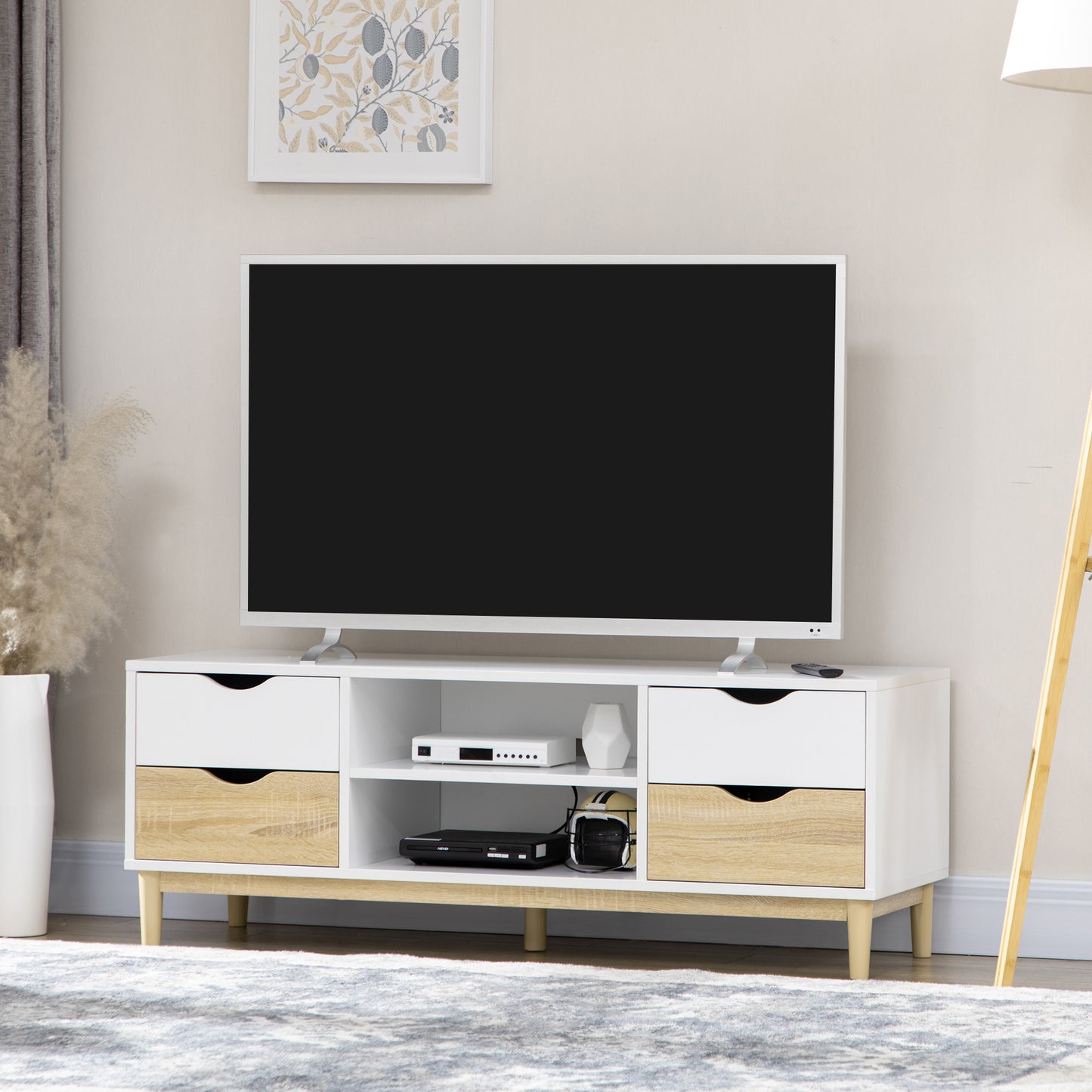 HOMCOM Mueble TV de Salón Mesa para TV para Televisores de hasta 55" con Estantes de Almacenamiento y 4 Cajones para Dormitorio 120x40x44,5 cm Blanco y Roble