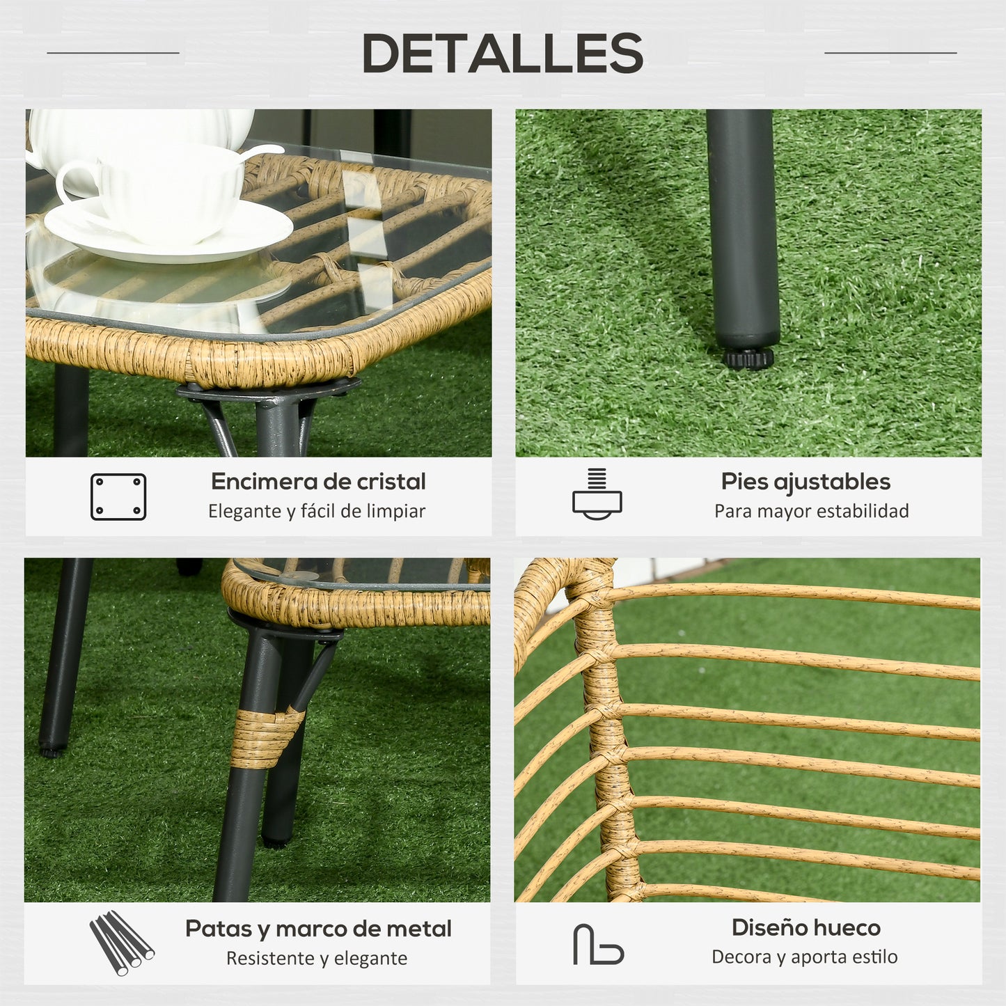 Outsunny Conjunto de Muebles de Ratán para 4 Personas Muebles de Jardín 4 Piezas con Sofá de 2 Plazos 2 Sillones Mesa de Centro y 4 Cojines para Terraza Patio Arena