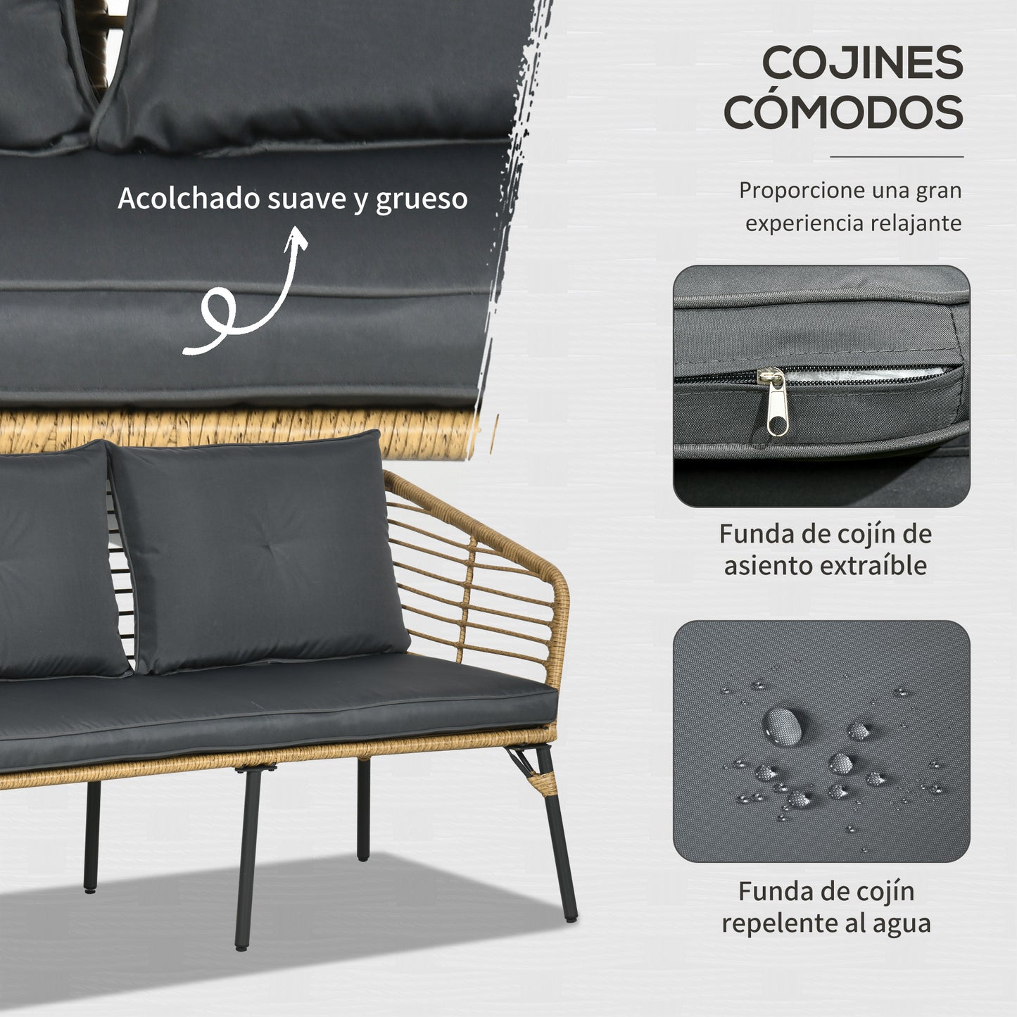 Outsunny Conjunto de Muebles de Ratán para 4 Personas Muebles de Jardín 4 Piezas con Sofá de 2 Plazos 2 Sillones Mesa de Centro y 4 Cojines para Terraza Patio Arena