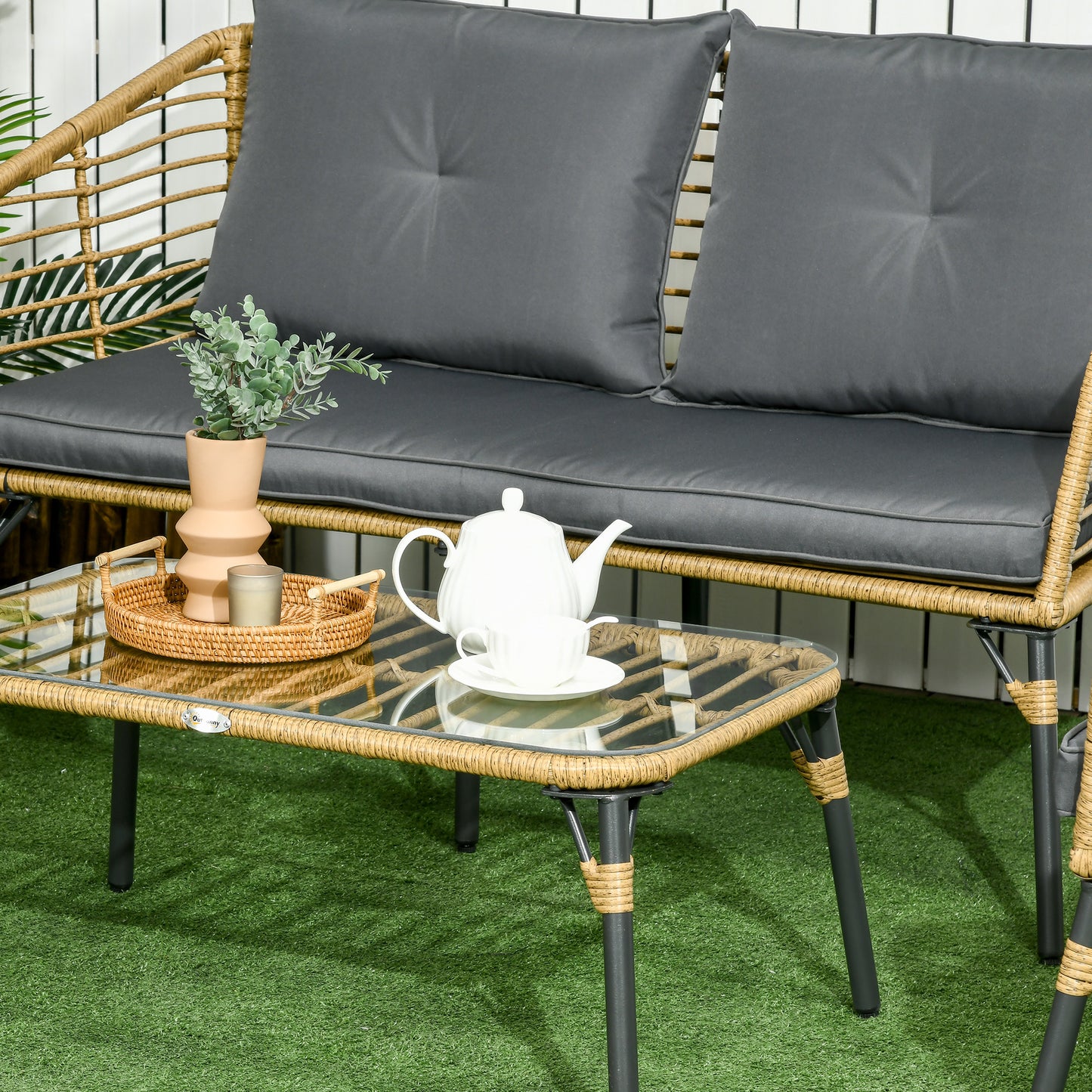 Outsunny Conjunto de Muebles de Ratán para 4 Personas Muebles de Jardín 4 Piezas con Sofá de 2 Plazos 2 Sillones Mesa de Centro y 4 Cojines para Terraza Patio Arena