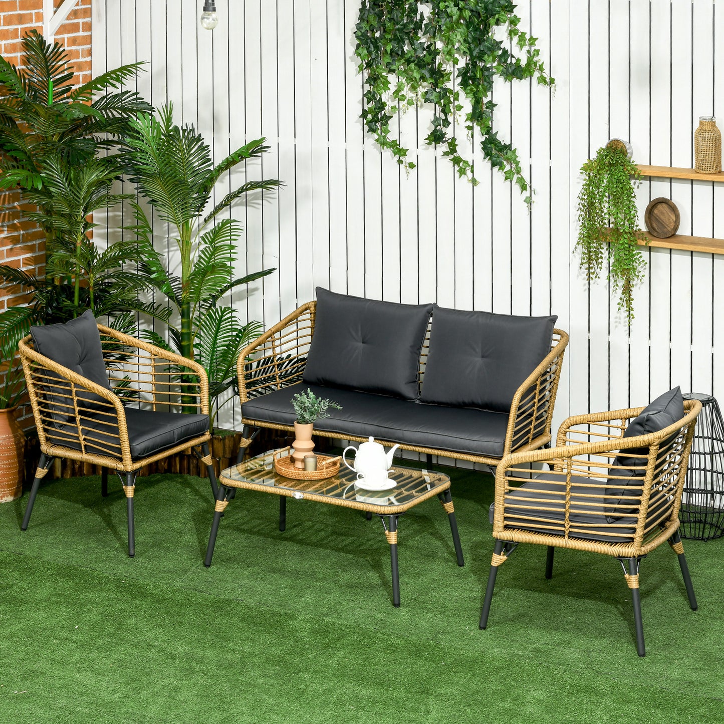 Outsunny Conjunto de Muebles de Ratán para 4 Personas Muebles de Jardín 4 Piezas con Sofá de 2 Plazos 2 Sillones Mesa de Centro y 4 Cojines para Terraza Patio Arena