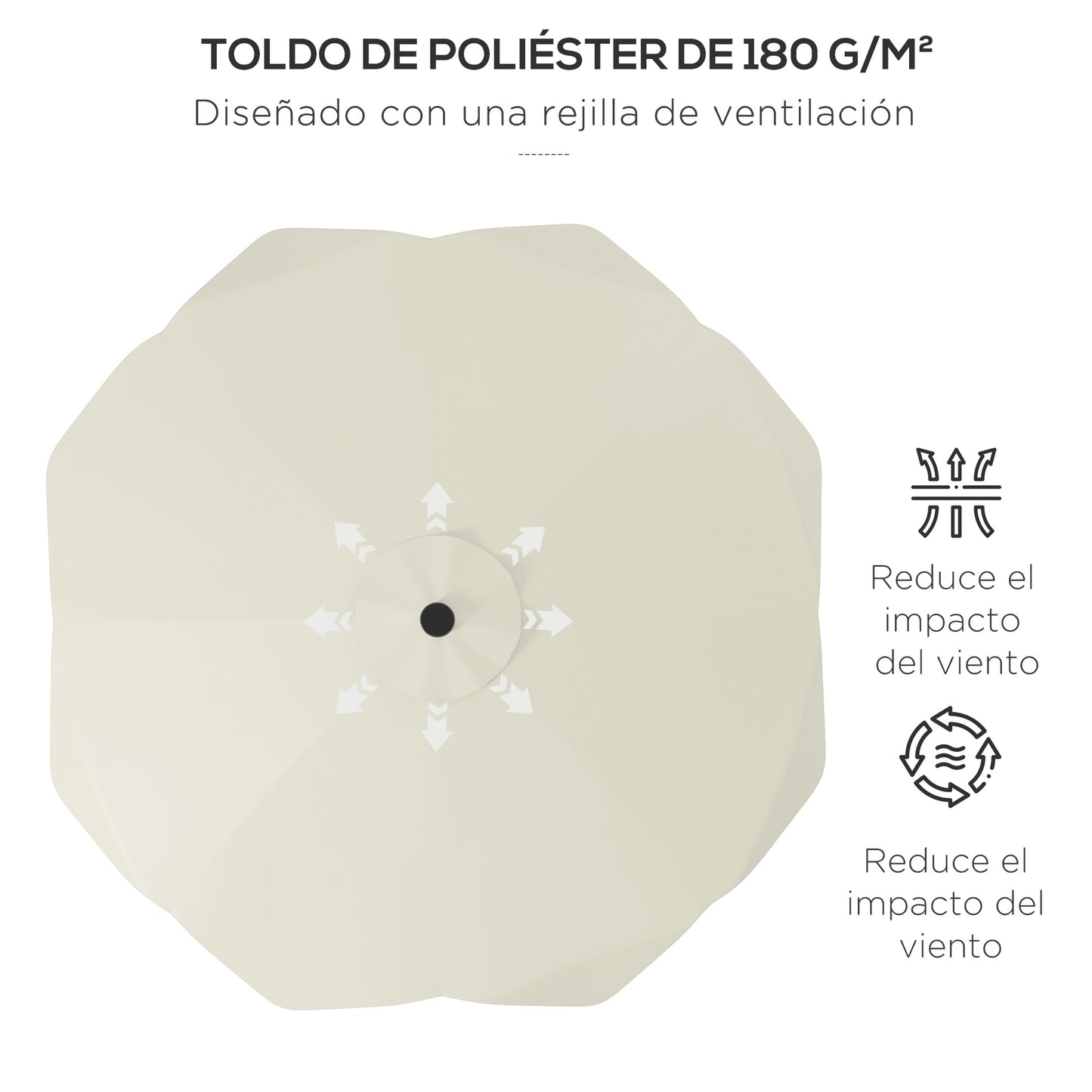 Outsunny Sombrilla de Jardín Ø292x248 cm Parasol de Terraza Manual con 32 Luces LED Solares 8 Varillas Ángulo Ajustable Impermeable y Rejillas de Ventilación para Patio Balcón Crema