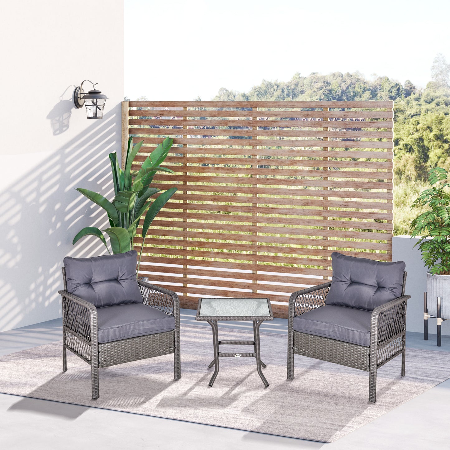 Outsunny Conjunto de Muebles de Ratán Juegos de 3 Piezas de Jardín 2 Sillones 65x66x75 cm y Mesa de Vidrio Templado 50x50x50 cm con Cojines Acolchados para Terraza Patio Gris