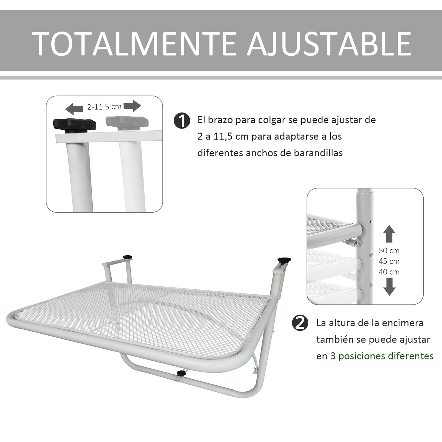 Outsunny Mesa Colgante de Balcón con Brazo Regulable y Altura Ajustable en 3 Posiciones Marco Metálico Carga Máx. 30 kg 60x56,5x45 cm Blanco