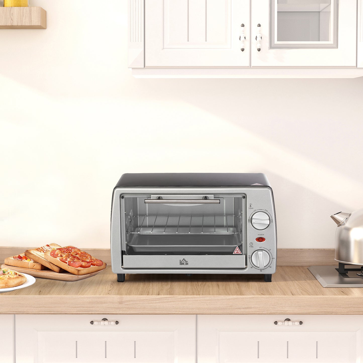 HOMCOM Horno Eléctrico Sobremesa 10 Litros 750W Horno Eléctrico Pequeño con Temperatura hasta 230 ℃ Temporizador 60 Minutos Bandeja y Rejilla 36,5x26x22 cm Plata