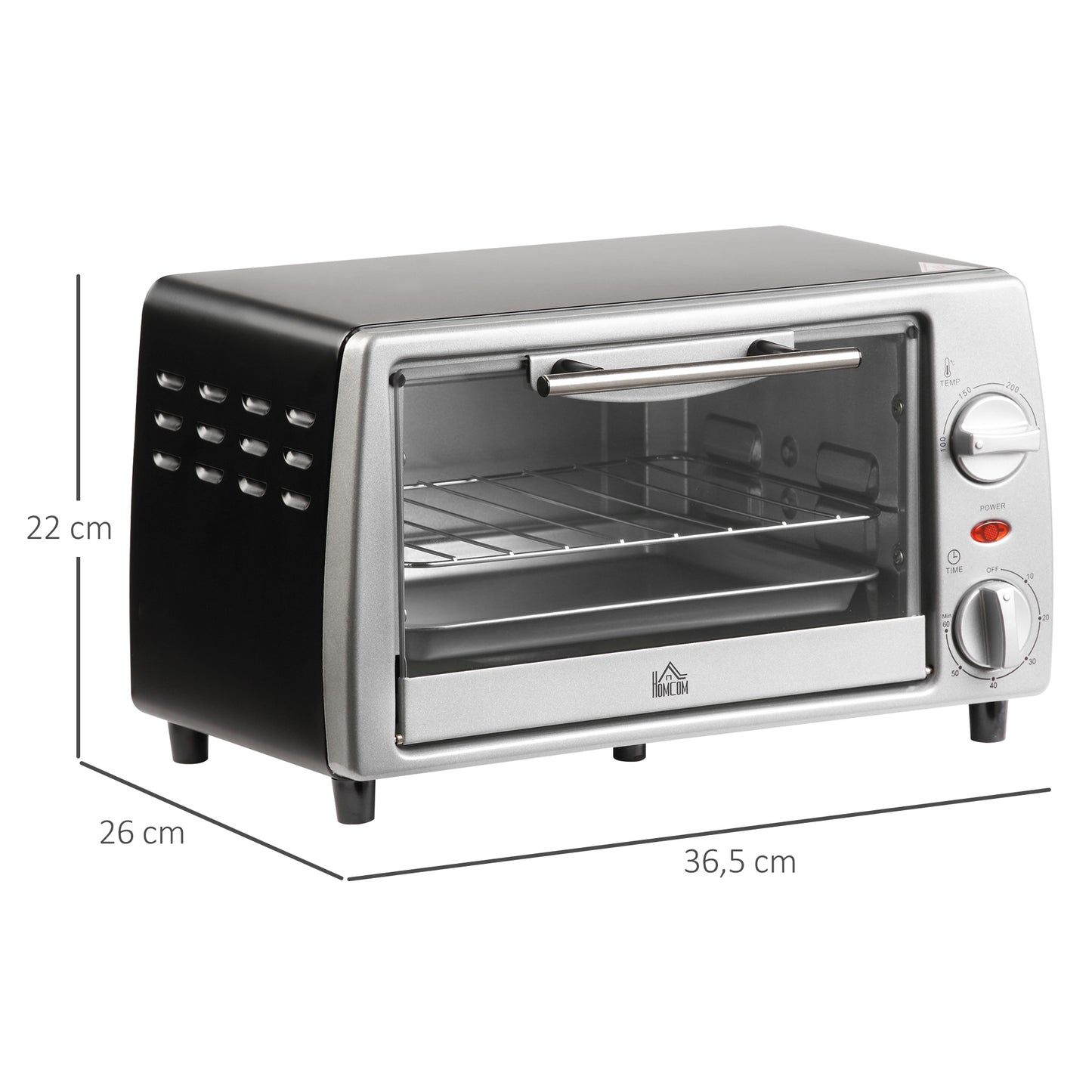 HOMCOM Horno Eléctrico Sobremesa 10 Litros 750W Horno Eléctrico Pequeño con Temperatura hasta 230 ℃ Temporizador 60 Minutos Bandeja y Rejilla 36,5x26x22 cm Plata