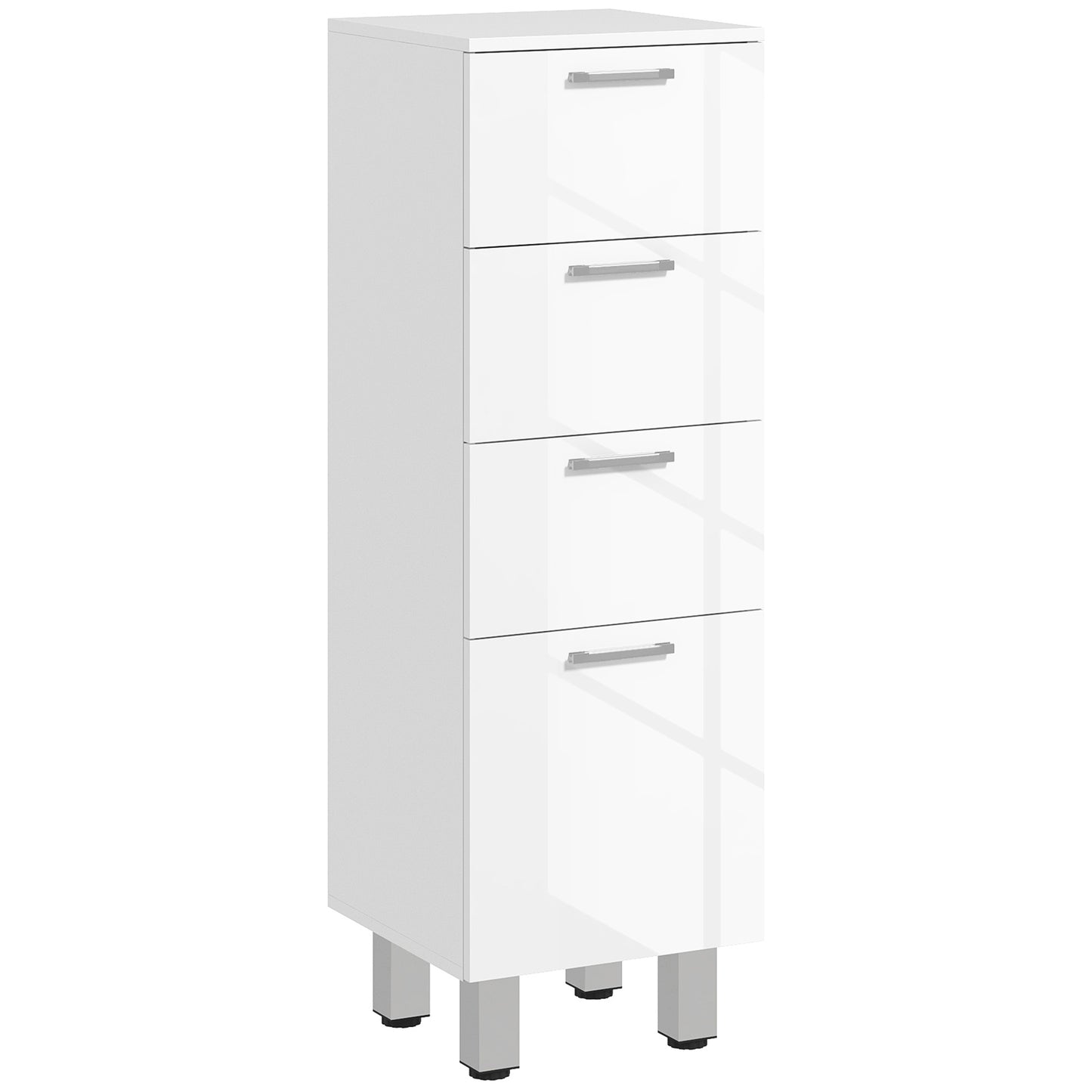 kleankin Mueble Auxiliar Baño Moderno Armario de Baño con 4 Cajones y 4 Patas Mueble de Almacenaje para Salón Dormitorio Antivuelco Carga 30 kg 30x30x93 cm Blanco Brillante