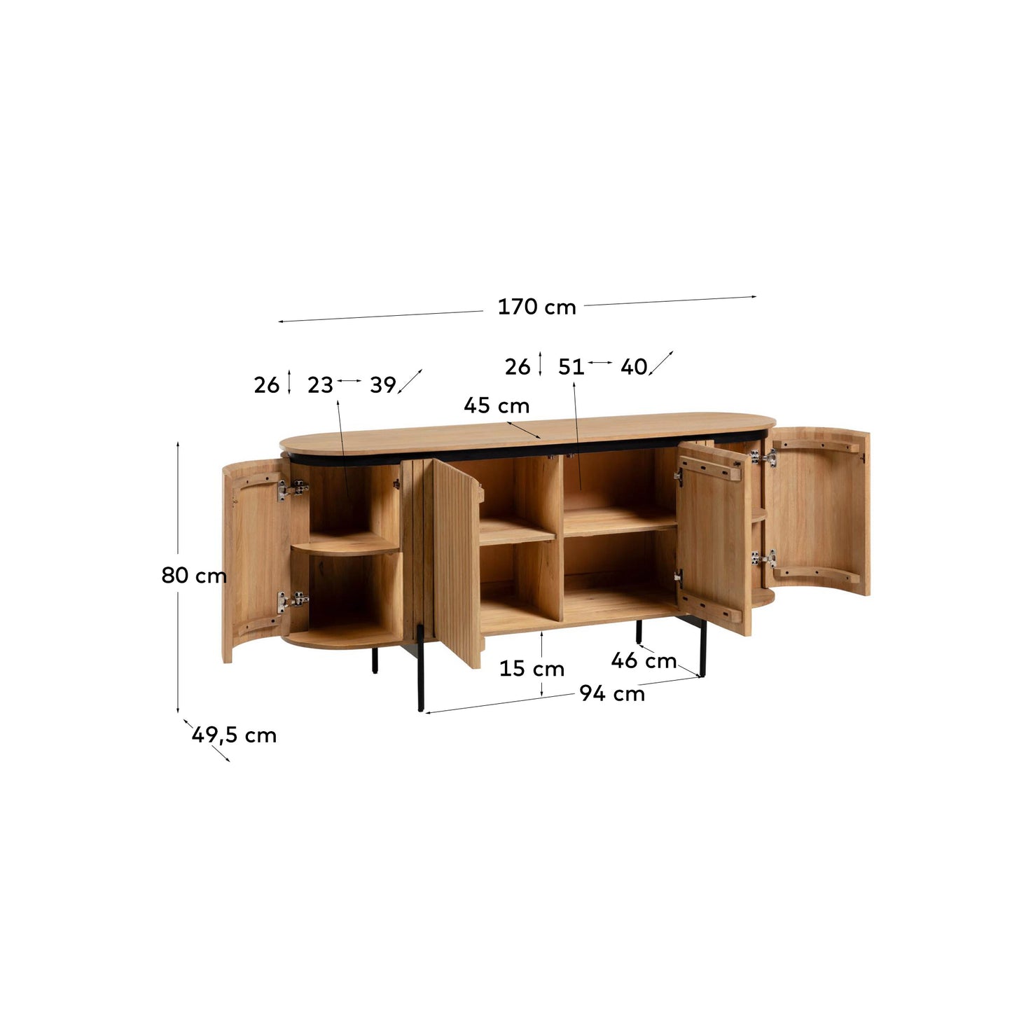 Aparador Licia 4 puertas de madera maciza de mango y metal pintado negro 170 x 80 cm