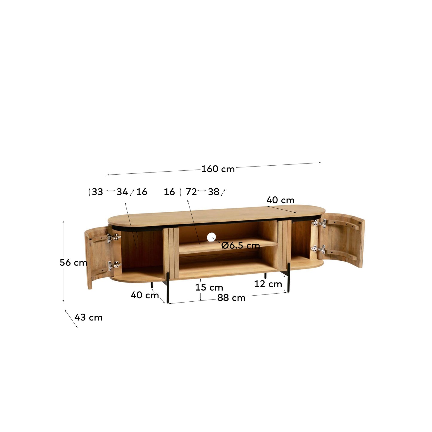 Mueble TV Licia 2 puertas de madera maciza de mango y metal acabado negro 160 x 56 cm