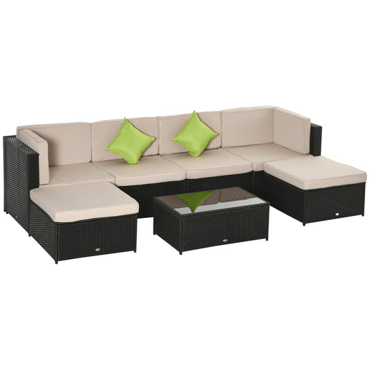 Outsunny Conjunto Muebles de Jardín de Ratán 7 Piezas Mesa Sofás Taburetes con Cojines Lavables 2xSofá de Esquina 2xSofá 2xTaburete 1xMesa de Centro para Exterior Multicolor