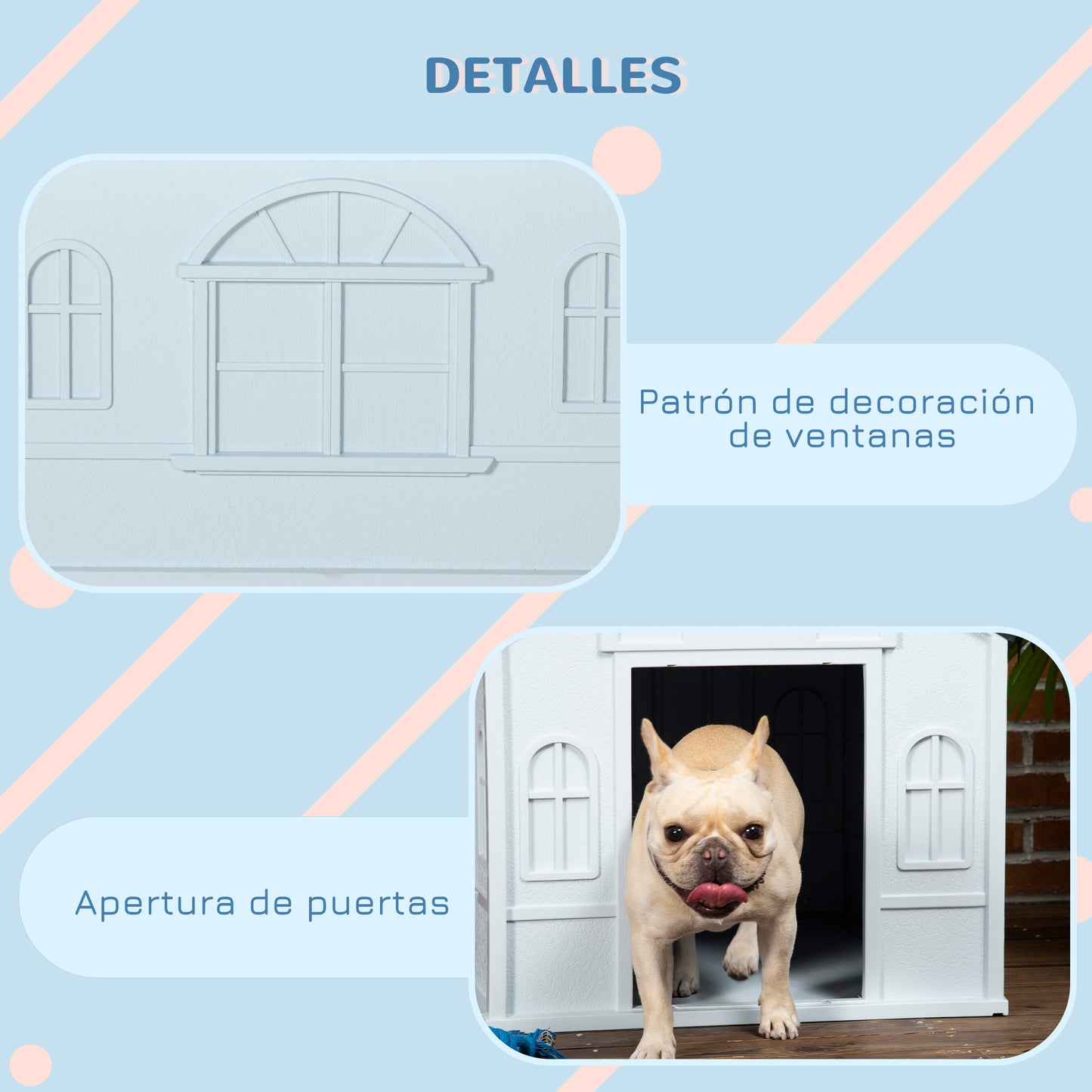 PawHut Caseta para Perros 65x75,7x63 cm Casa para Perros con Patrón de Ventana y Techo de Tejas de Imitación para Perros Medianos Gris y Blanco