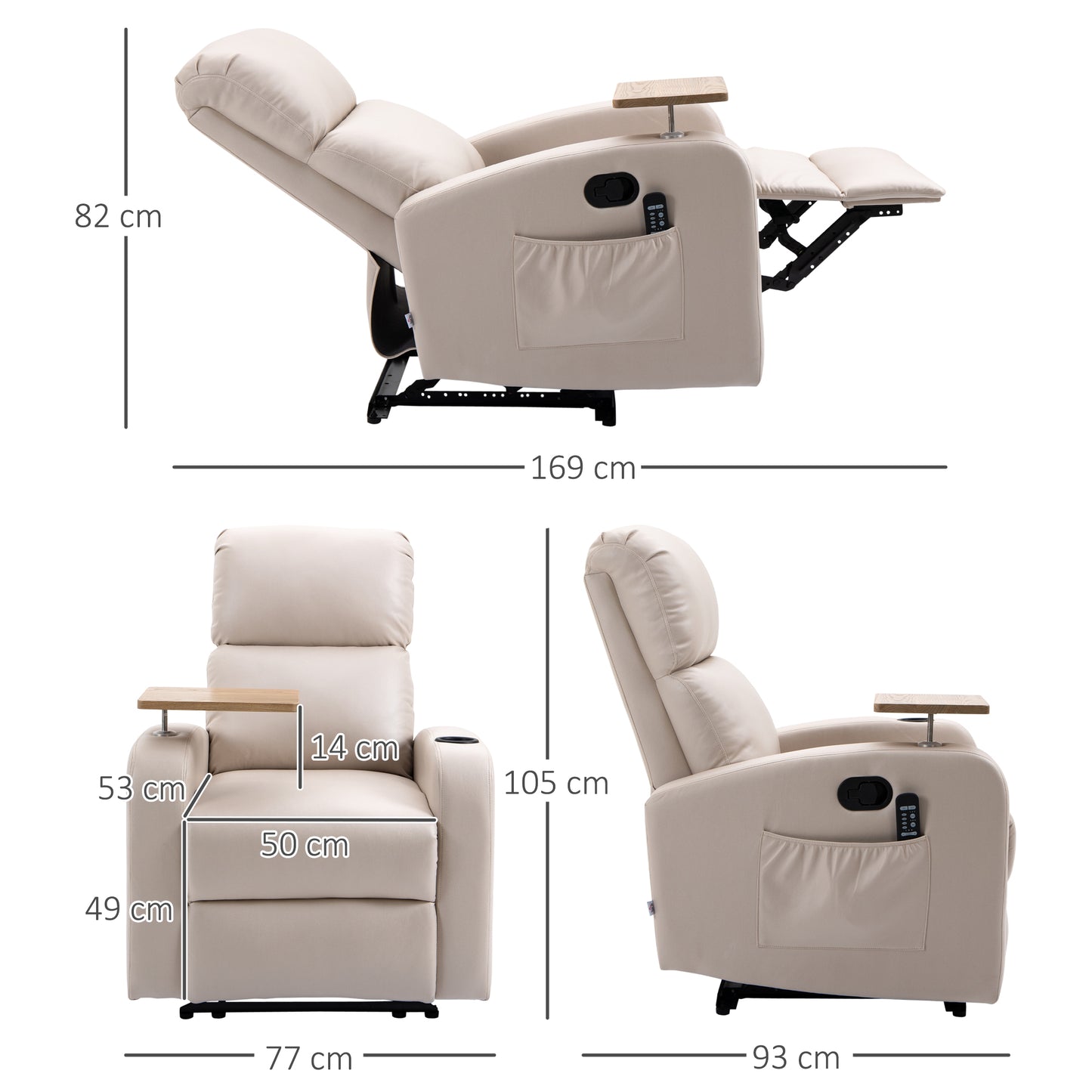 HOMCOM Sillón de Masaje Sillón Relax Eléctrico Sofá Relax con 4 Modos de Vibración Reclinación 145° Mando a Distancia Mesita 2 Bolsillos Laterales y Posavasos 77x93x105 cm Beige