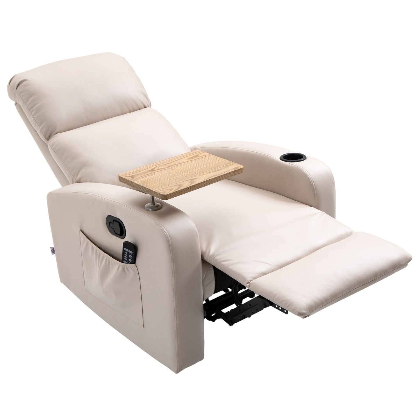 HOMCOM Sillón de Masaje Sillón Relax Eléctrico Sofá Relax con 4 Modos de Vibración Reclinación 145° Mando a Distancia Mesita 2 Bolsillos Laterales y Posavasos 77x93x105 cm Beige