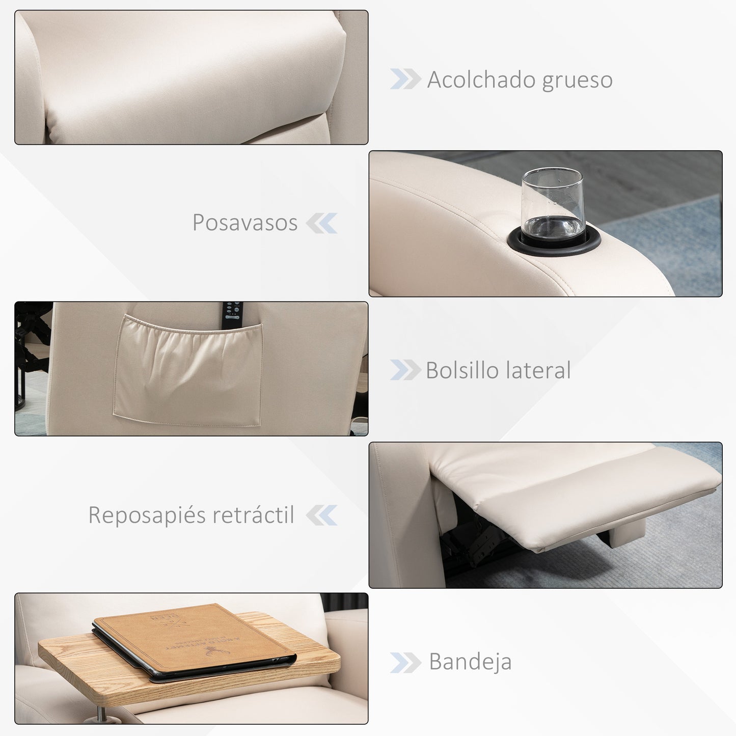 HOMCOM Sillón de Masaje Sillón Relax Eléctrico Sofá Relax con 4 Modos de Vibración Reclinación 145° Mando a Distancia Mesita 2 Bolsillos Laterales y Posavasos 77x93x105 cm Beige