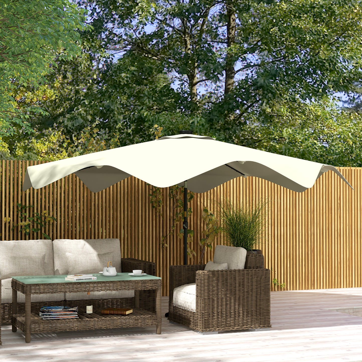 Outsunny Sombrilla de Jardín Ø292x248 cm Parasol de Terraza Manual con 32 Luces LED Solares 8 Varillas Ángulo Ajustable Impermeable y Rejillas de Ventilación para Patio Balcón Crema