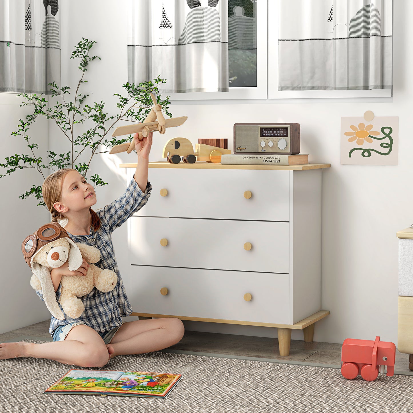 ZONEKIZ Cajonera Infantil +3 Años con 3 Cajones Cómoda Auxiliar con Patas de Madera Almacenaje de Juguetes Ropas Libros para Habitación de Niños 80x40x75 cm Blanco y Natural