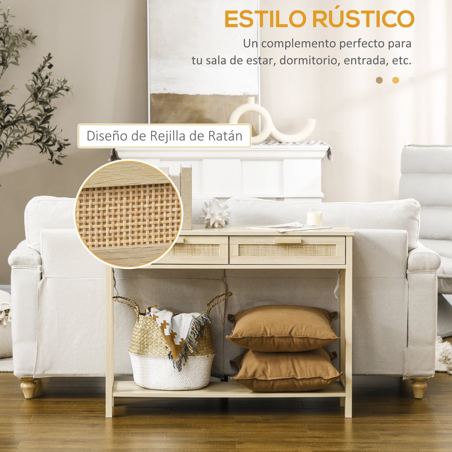 HOMCOM Mesa Consola Mesa de Entrada con 2 Cajones de la Superficie de Ratán y Estante Inferior para Pasillo Salón Dormitorio de Estilo Rústico 100x30x76 cm Natural