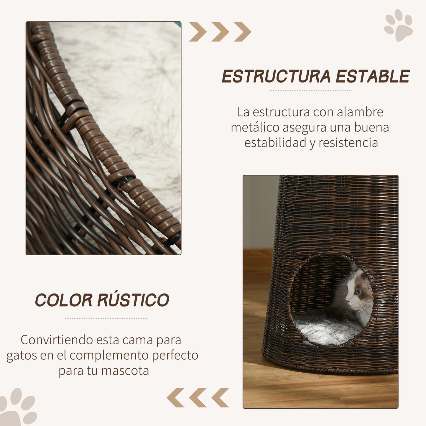 PawHut Cesta de Ratán para Gatos Cama Cueva de 2 Niveles con Cojines Lavables Ø45x50 cm Marrón Oscuro