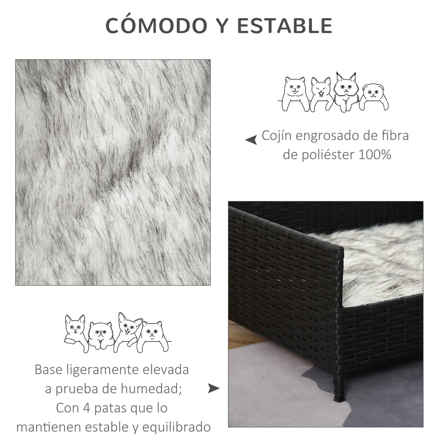 PawHut Sofá Cama para Perros de Ratán Cama Elevada Rectangular para Mascotas Gatos con Cojín Suave y Lavable para Hogar Interior 61x46x24,5 cm Negro