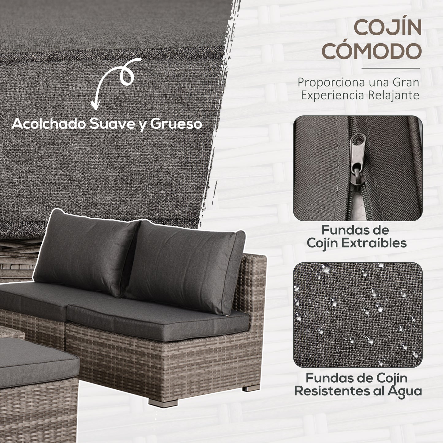 Outsunny Conjunto de Muebles de Jardín 8 Piezas de Ratán Convertible con 2 Mesas de Centro 2 Sofás esquineros 2 Sillones 2 Taburetes con Cojines para Patio Porche Terraza Gris