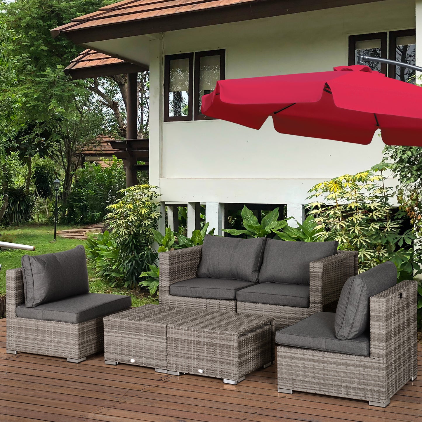 Outsunny Conjunto de Muebles de Jardín 8 Piezas de Ratán Convertible con 2 Mesas de Centro 2 Sofás esquineros 2 Sillones 2 Taburetes con Cojines para Patio Porche Terraza Gris