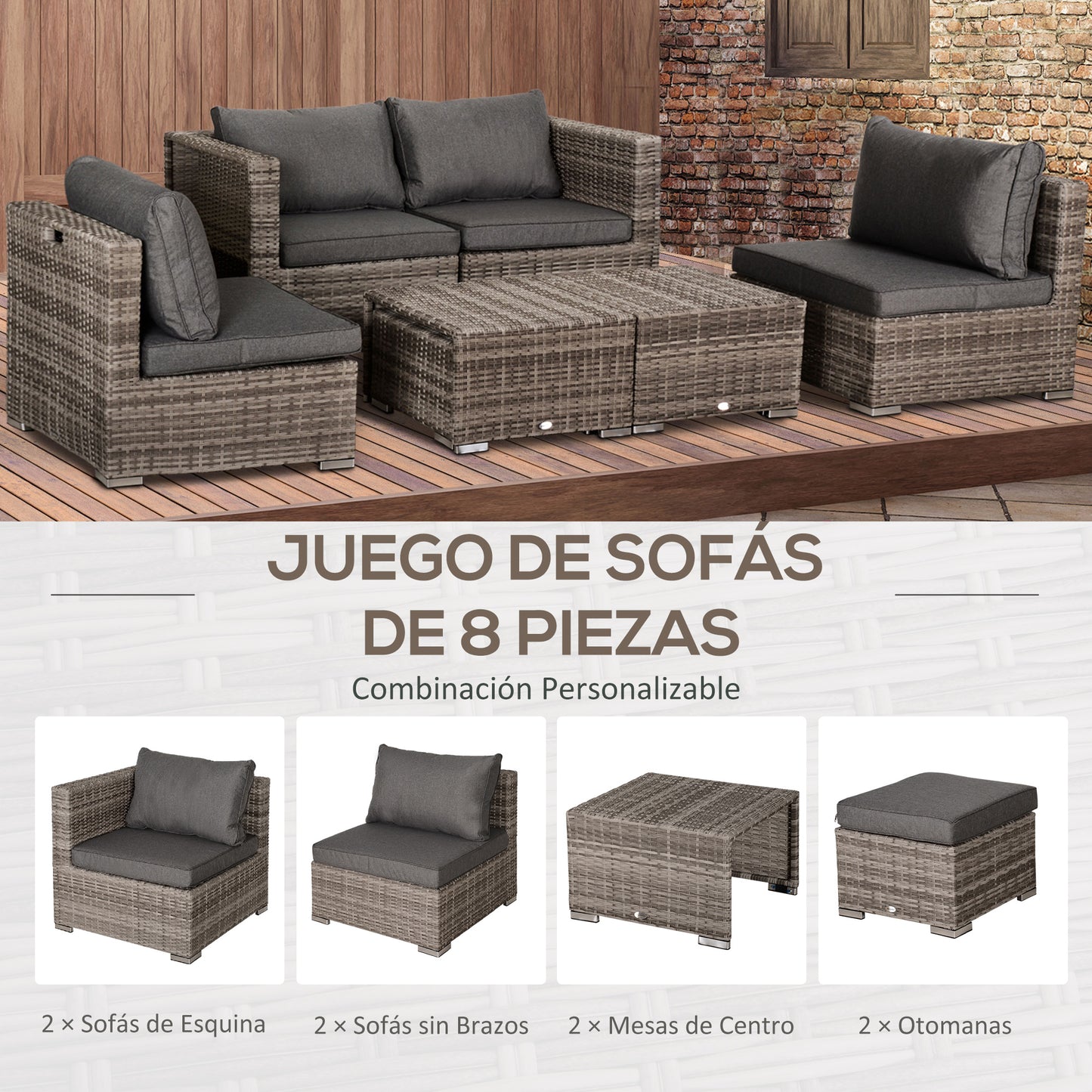 Outsunny Conjunto de Muebles de Jardín 8 Piezas de Ratán Convertible con 2 Mesas de Centro 2 Sofás esquineros 2 Sillones 2 Taburetes con Cojines para Patio Porche Terraza Gris