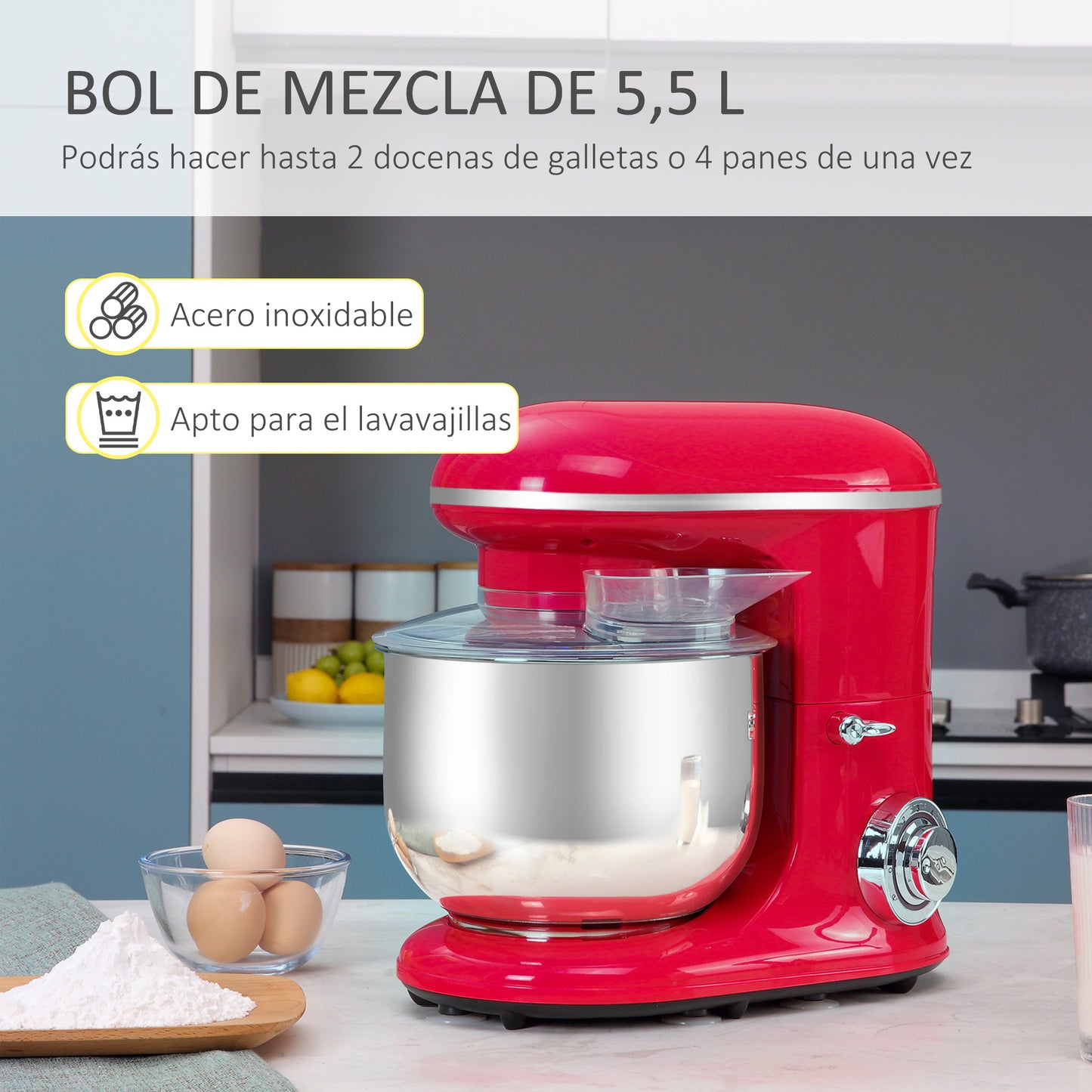 HOMCOM Batidora Amasadora para Repostería Profesional 1200W Robot de Cocina con 6 Velocidades Bol de Acero Inoxidable de 5,5 L y 3 Accesorios Incluidos 37x23x37 cm Rojo