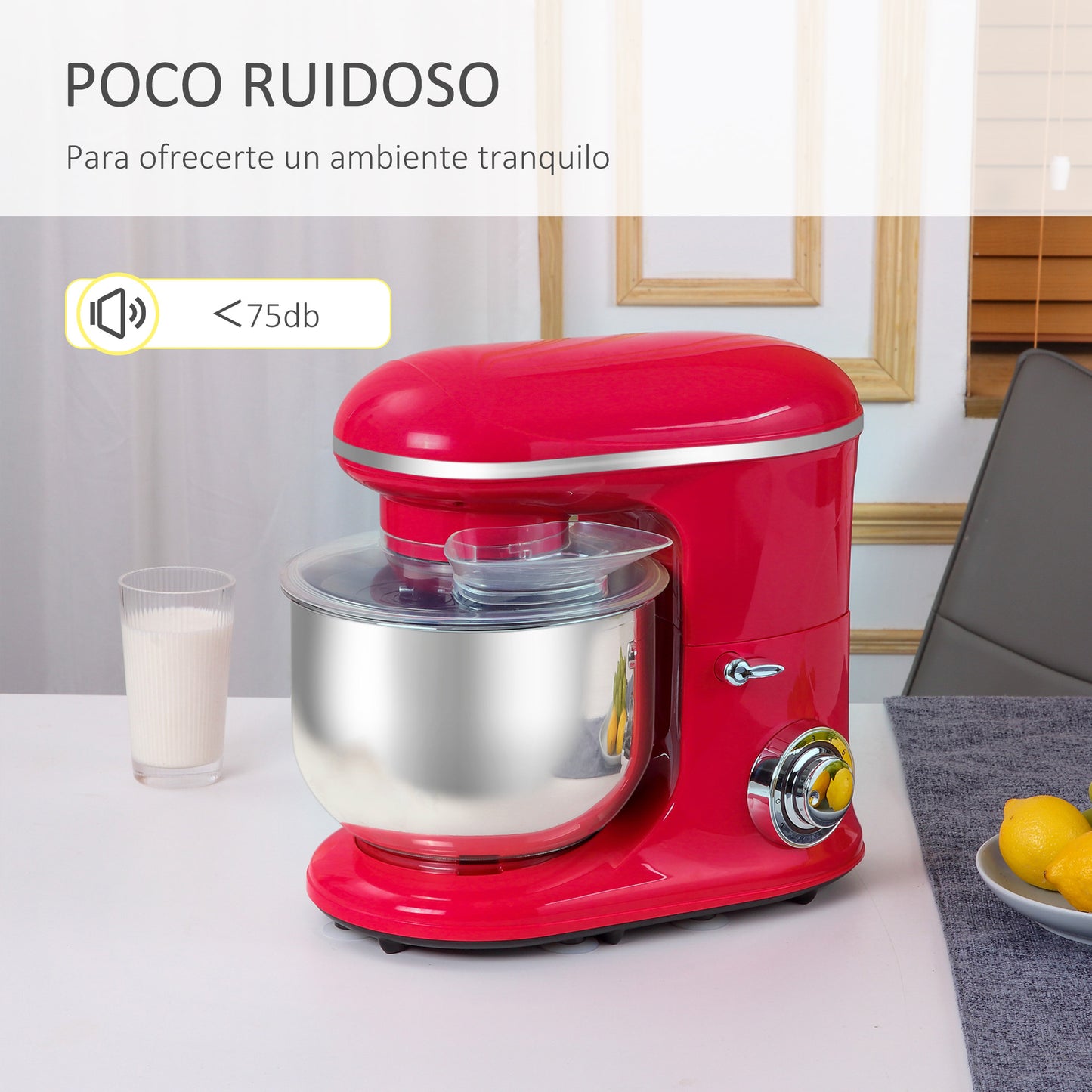 HOMCOM Batidora Amasadora para Repostería Profesional 1200W Robot de Cocina con 6 Velocidades Bol de Acero Inoxidable de 5,5 L y 3 Accesorios Incluidos 37x23x37 cm Rojo