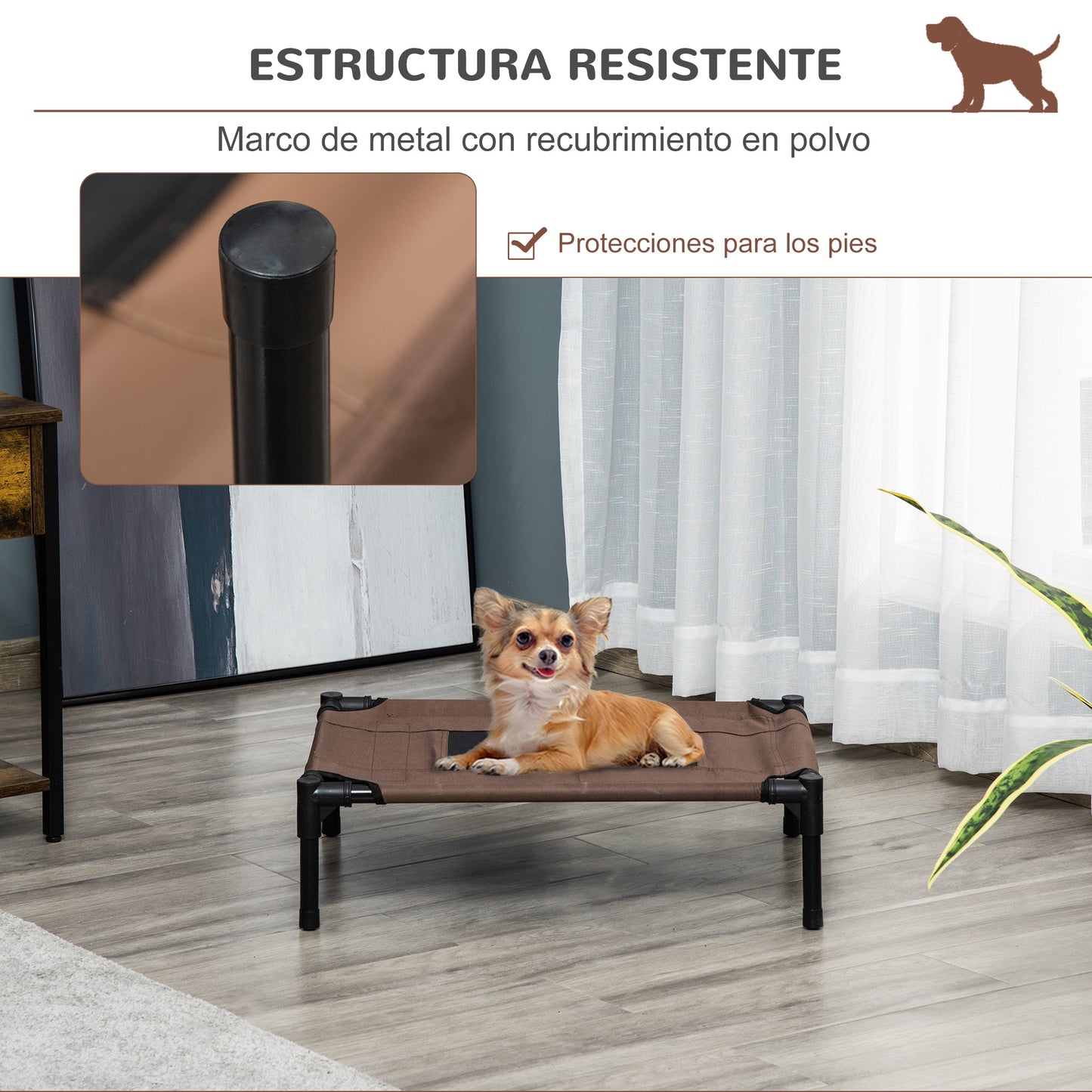 PawHut Cama Elevada para Perros Gatos Portátil Cama para Mascotas con Zona de Malla Transpirable y Tela Oxford para Interior Exterior 61x46x18 cm Marrón