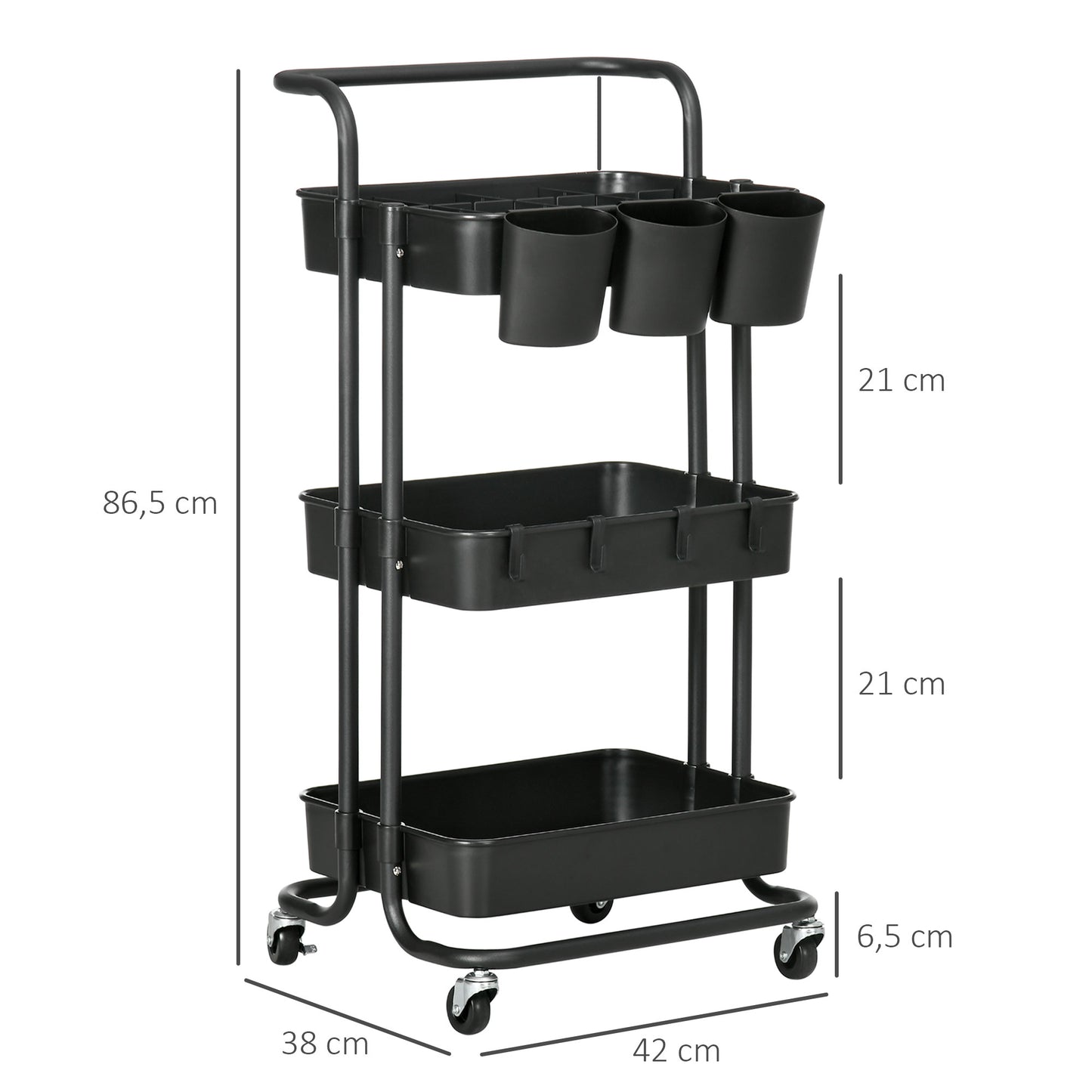 HOMCOM Carrito Auxiliar con Ruedas Carrito de Cocina con 4 Ganchos Asa 3 Cestas Extraíbles 3 Cajas Colgantes y Frenos para Baño Salón Dormitorio 42x38x86,5 cm Negro