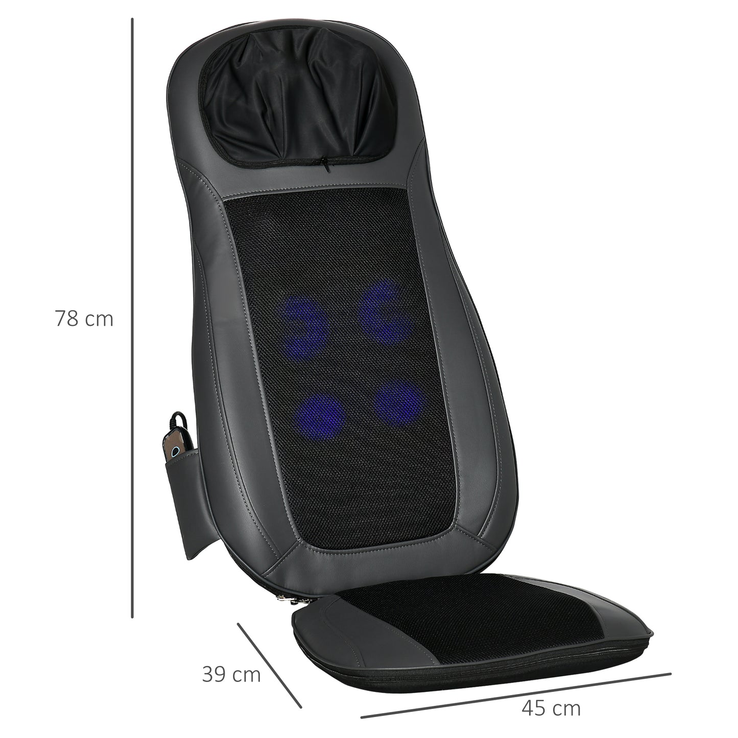 HOMCOM Masajeador de Asiento con Calor Cojín de Asiento de Masaje Shiatsu y Vibración con 8 Puntos Altura del Cuello Ajustable Mando a Distancia y Bolsillo Lateral para Oficina Coche 45x39x78 cm Negro