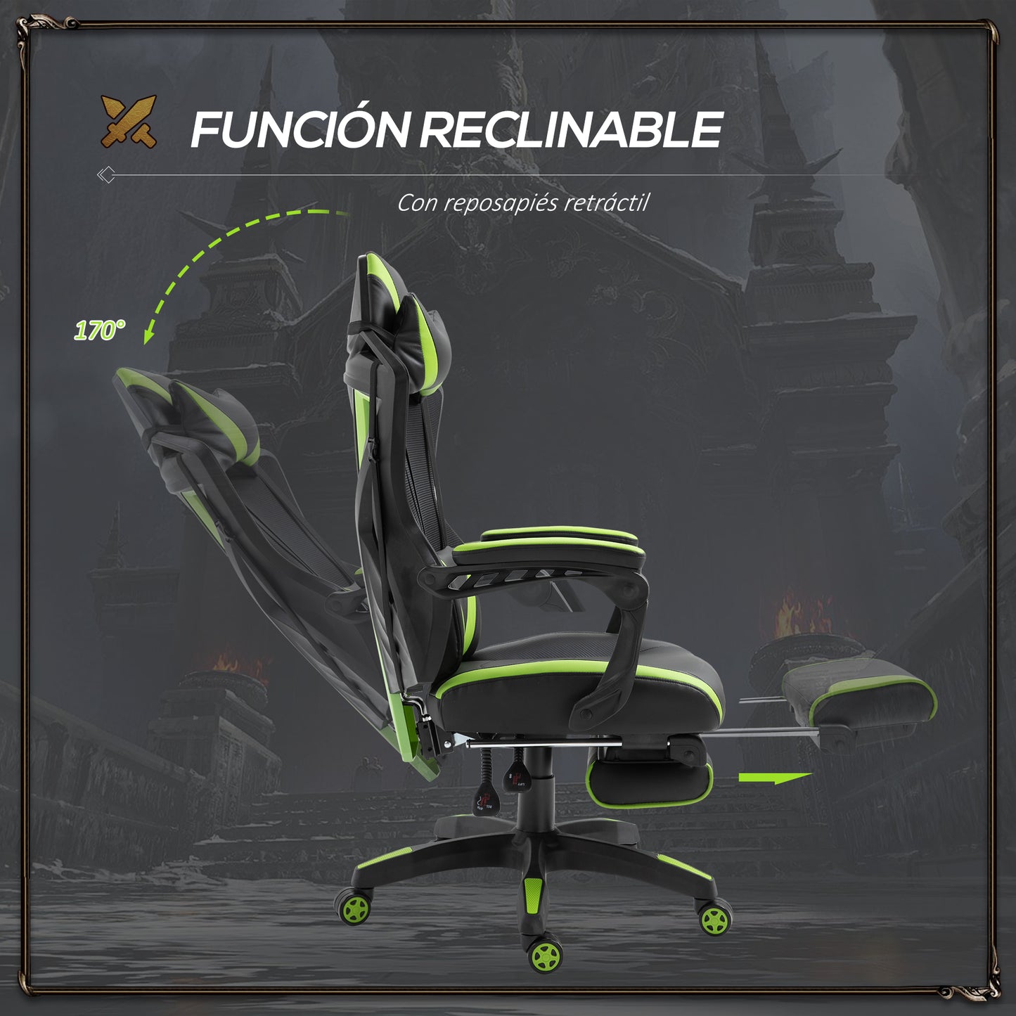 Vinsetto Silla Gaming Ergonómica Silla de Escritorio para Oficina con Altura Ajustable Respaldo Regulable de 170° Almohada Lumbar y Reposapiés Retráctil 65x70x117-125 cm Verde