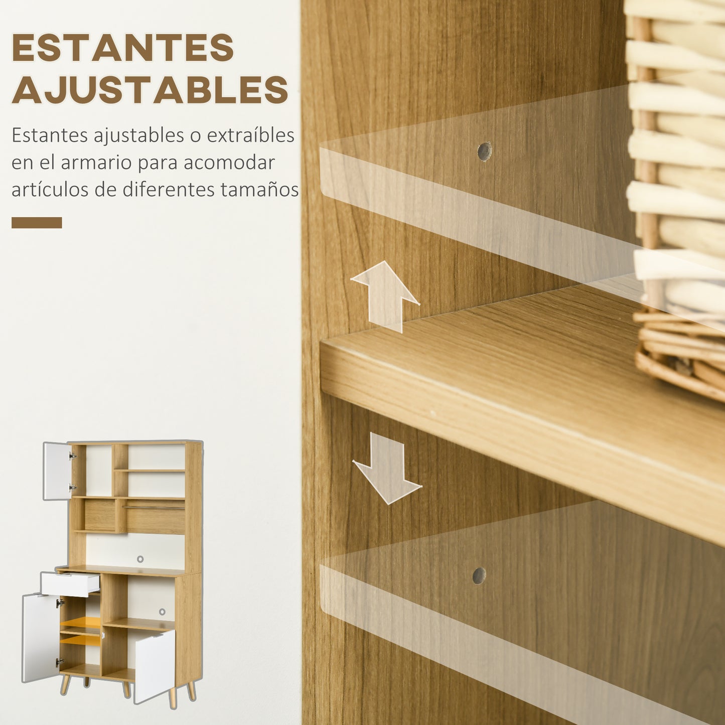 HOMCOM Alacena de Cocina Aparador Alto Mueble Auxiliar de Cocina con 3 Puertas Cajón Estante Ajustable Encimera para Microondas y Toallero 93x40x180 cm Natural y Blanco