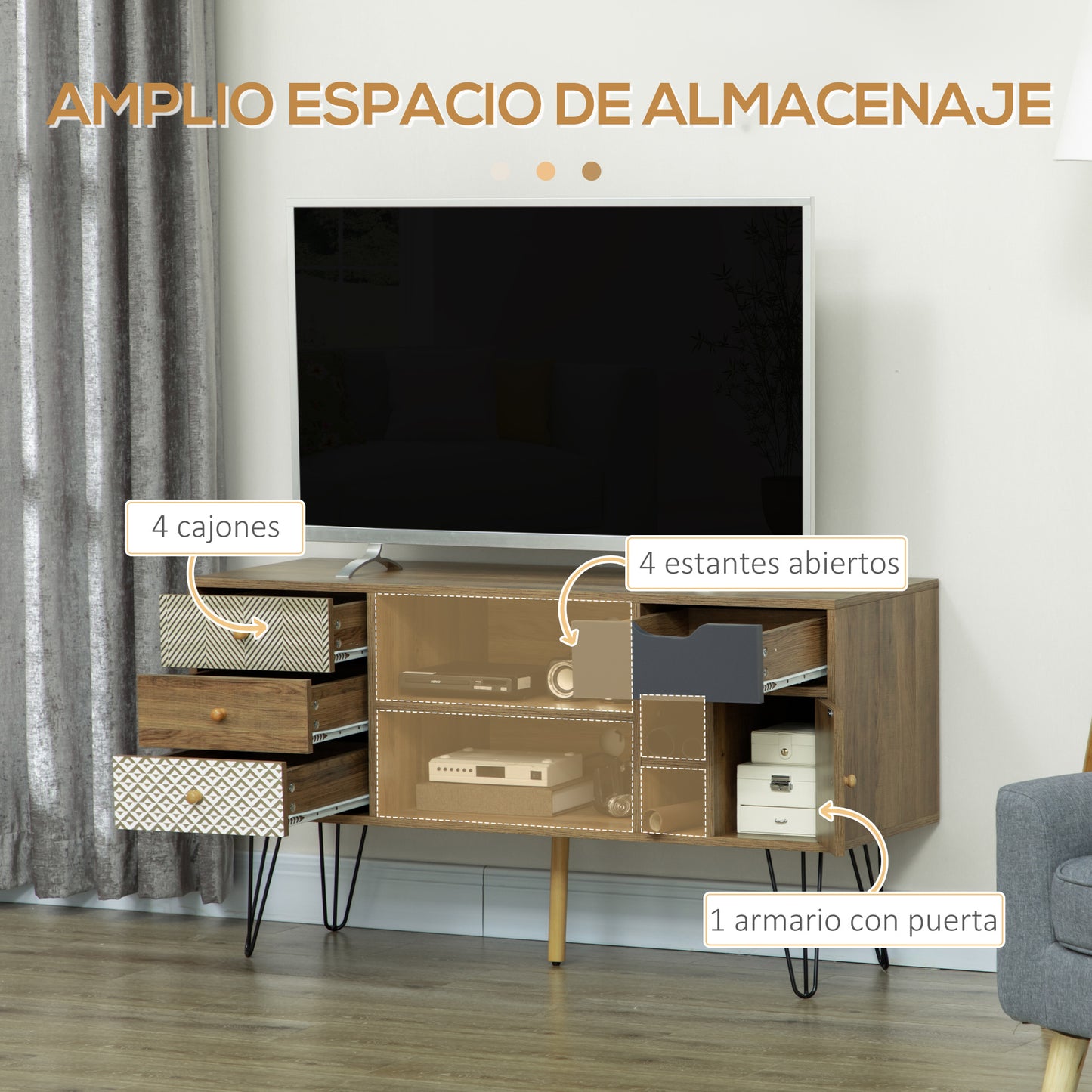 HOMCOM Mueble de TV con Estantes de Almacenamiento 4 Cajones y Patas de Metal Mesa para TV de Salón para Televisores de hasta 50 Pulgadas para Dormitorio 120x39x64 cm Marrón