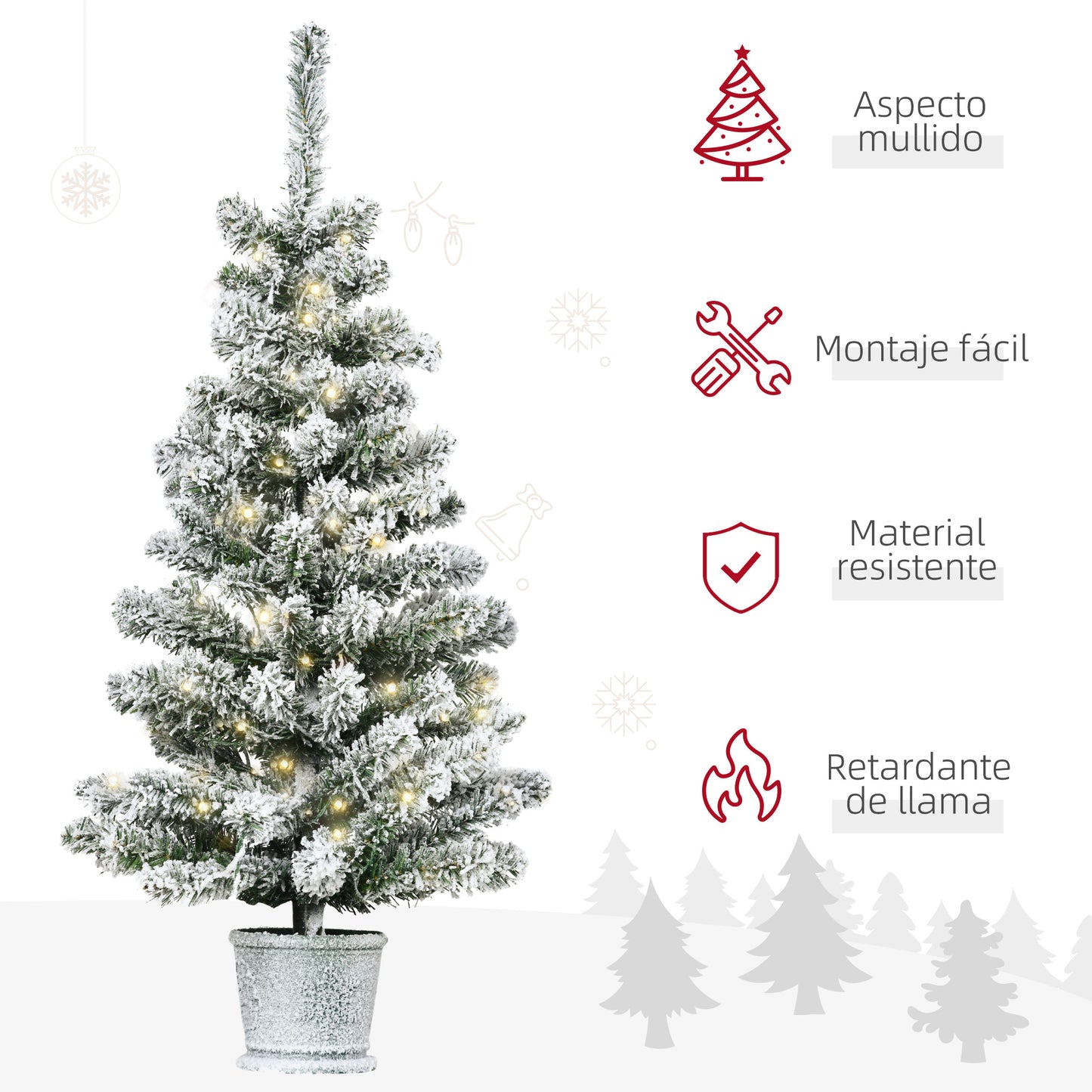 HOMCOM Árbol de Navidad Pequeño Artificial 90 cm con Luces LED 116 Ramas Maceta Desmontable y Soporte de Metal Decoración Navideña para Interior Ø40x90 cm Verde y Blanco