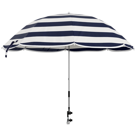 Outsunny Sombrilla Playa para Silla Ø103x97,5 cm Parasol para Terraza con Abrazadera Techo Ajustable Apertura Manual Anti-UV Impermeable y Bolsa de Transporte Azul y Blanco